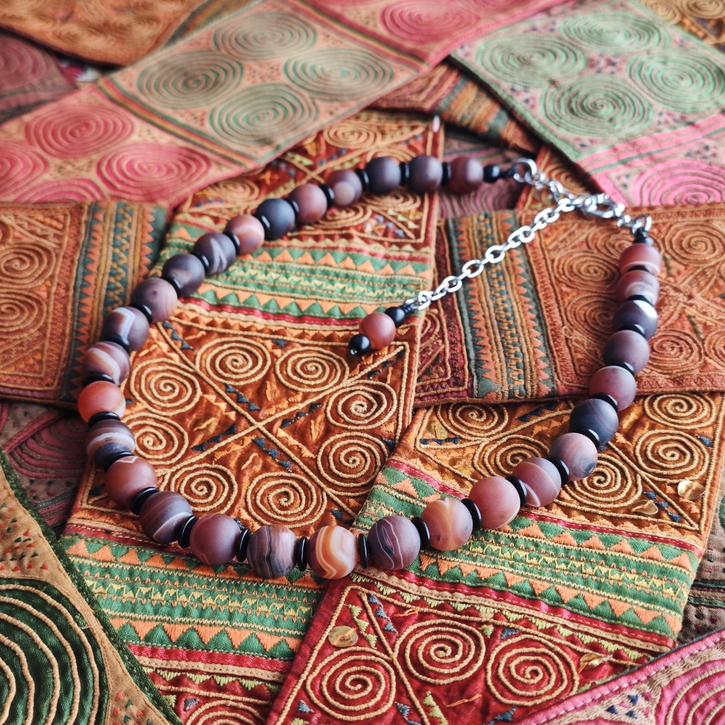 Handmade Matte Banded Agate Necklace with Coconut Spacers | Adjustable Ethnic Boho Jewelry