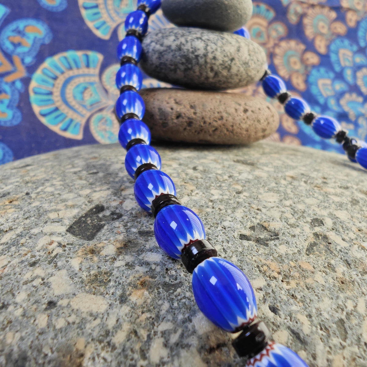 Blue Chevron African Trade Beads Necklace, Coconut Shell Choker, Tribal Boho Glass Jewelry