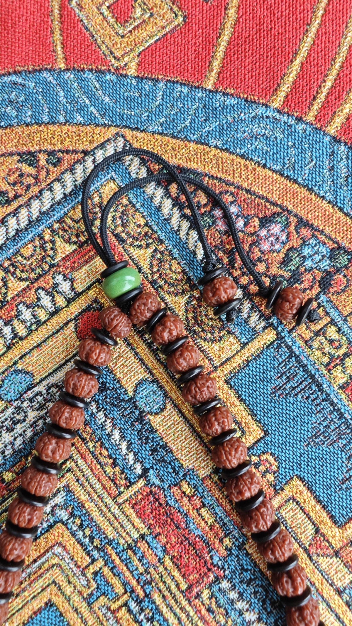 Vintage Tibetan Dzi Bead Mala Necklace, Green Turquoise Amulet, Sacred Protection Choker