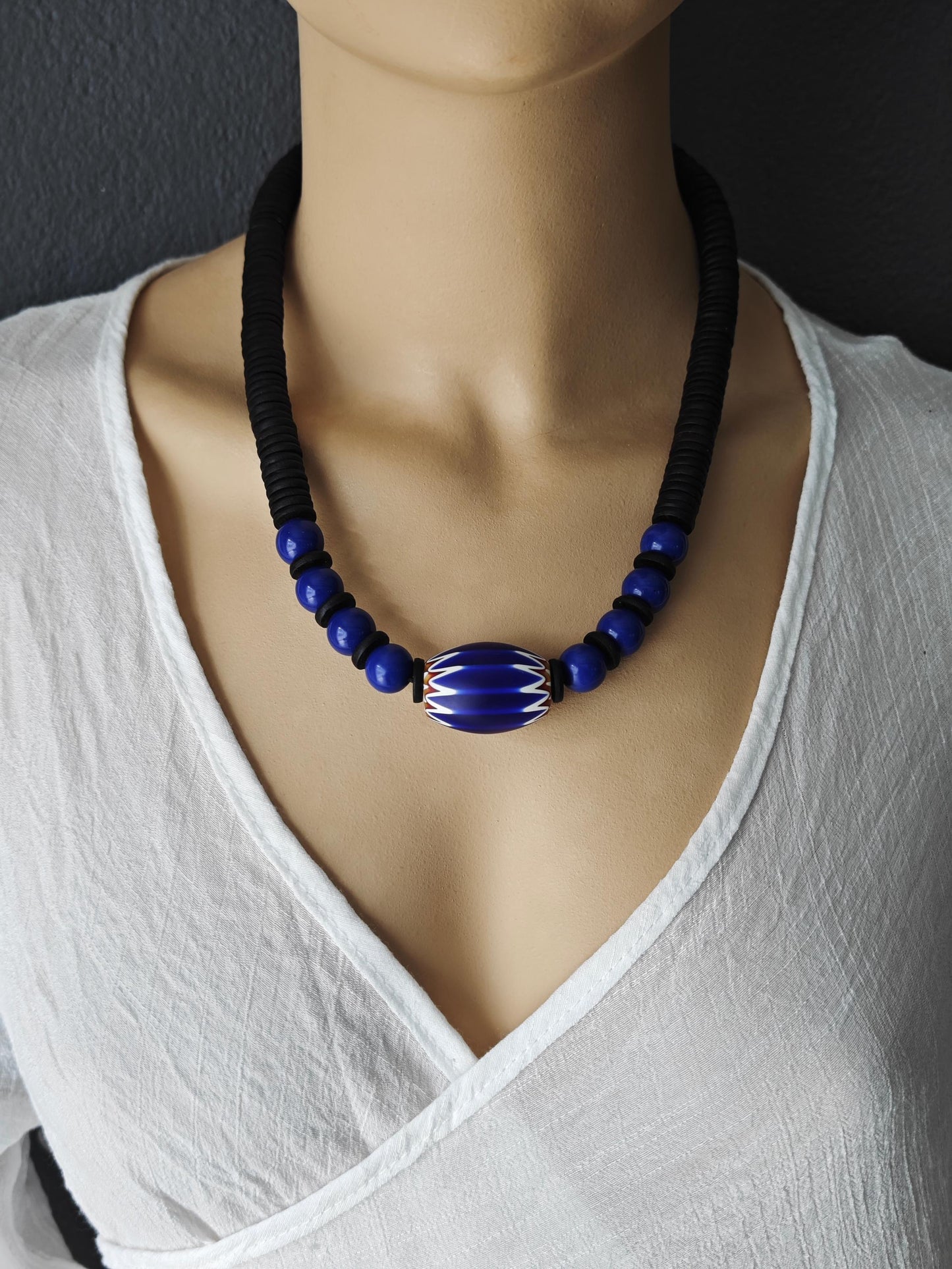 Large African Trade Bead Necklace with Lapis Lazuli & Coconut, Ethnic Tribal Bohemian Jewelry