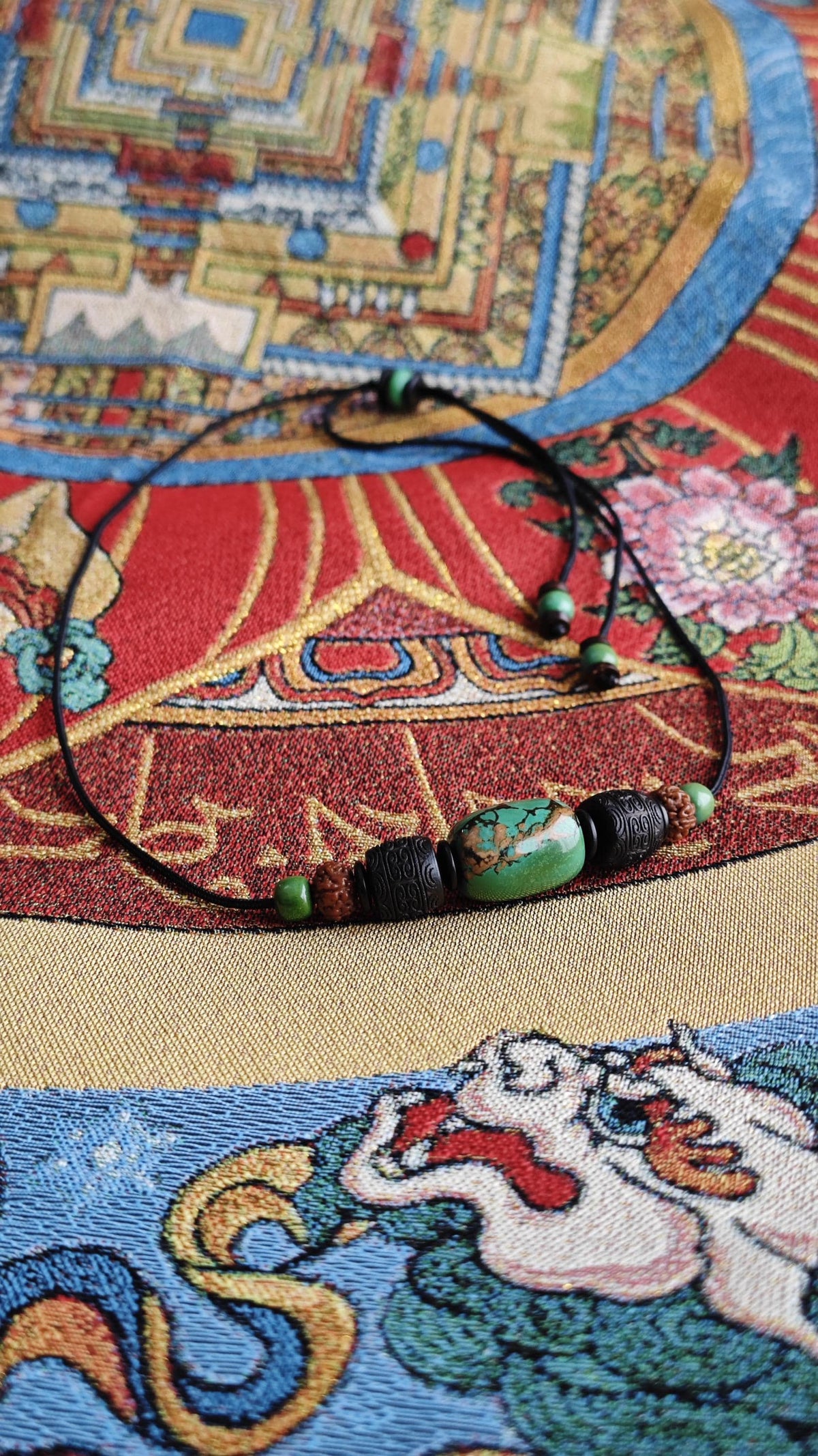 Genuine Turquoise Barrel Necklace, Hand Carved Hardwood Choker, Rudraksha Mala Beads, Tribal Boho Amulet 40-65cm