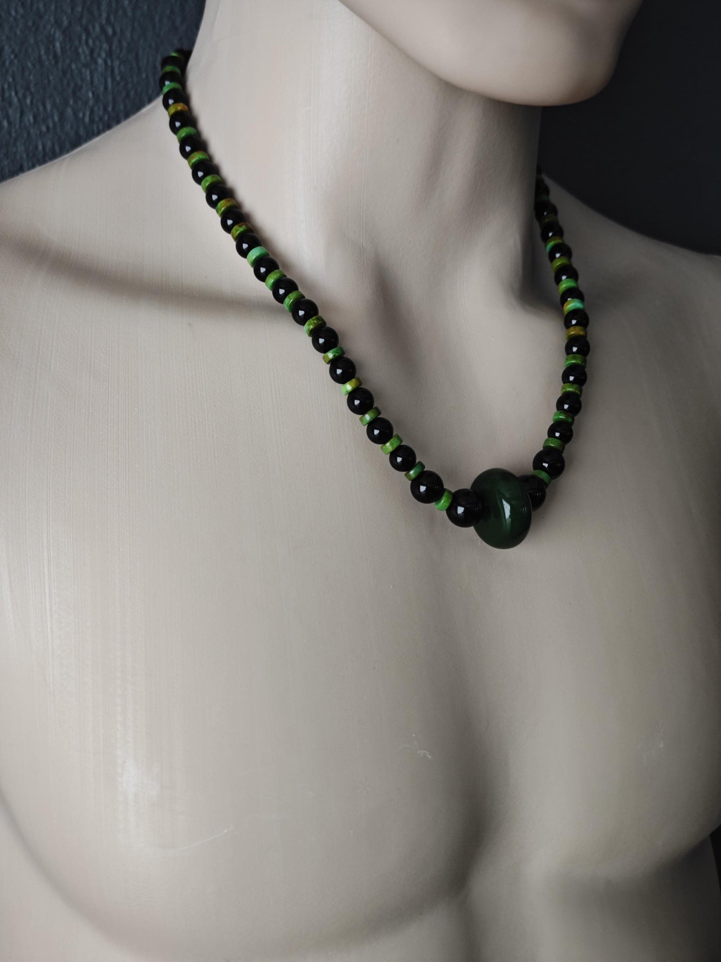 Natural Green Jade Pendant Necklace with Black Onyx & Turquoise | Adjustable Ethnic Bohemian Jewelry