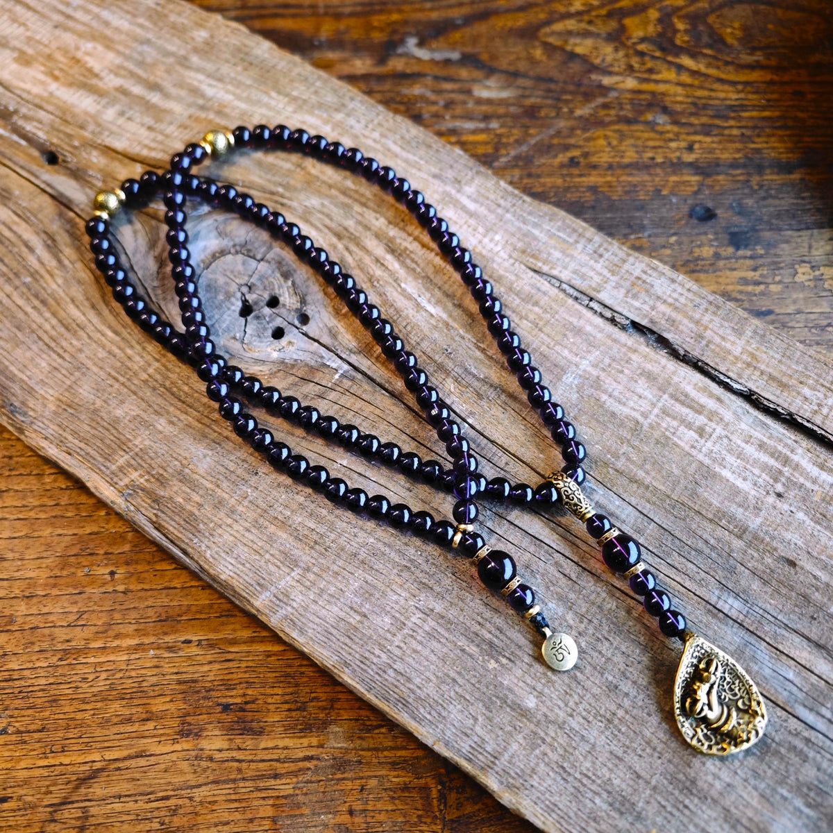 Long Purple Liuli & Copper Beaded Necklace with Statement Pendant | Spiritual Ethnic Boho Long Jewelry