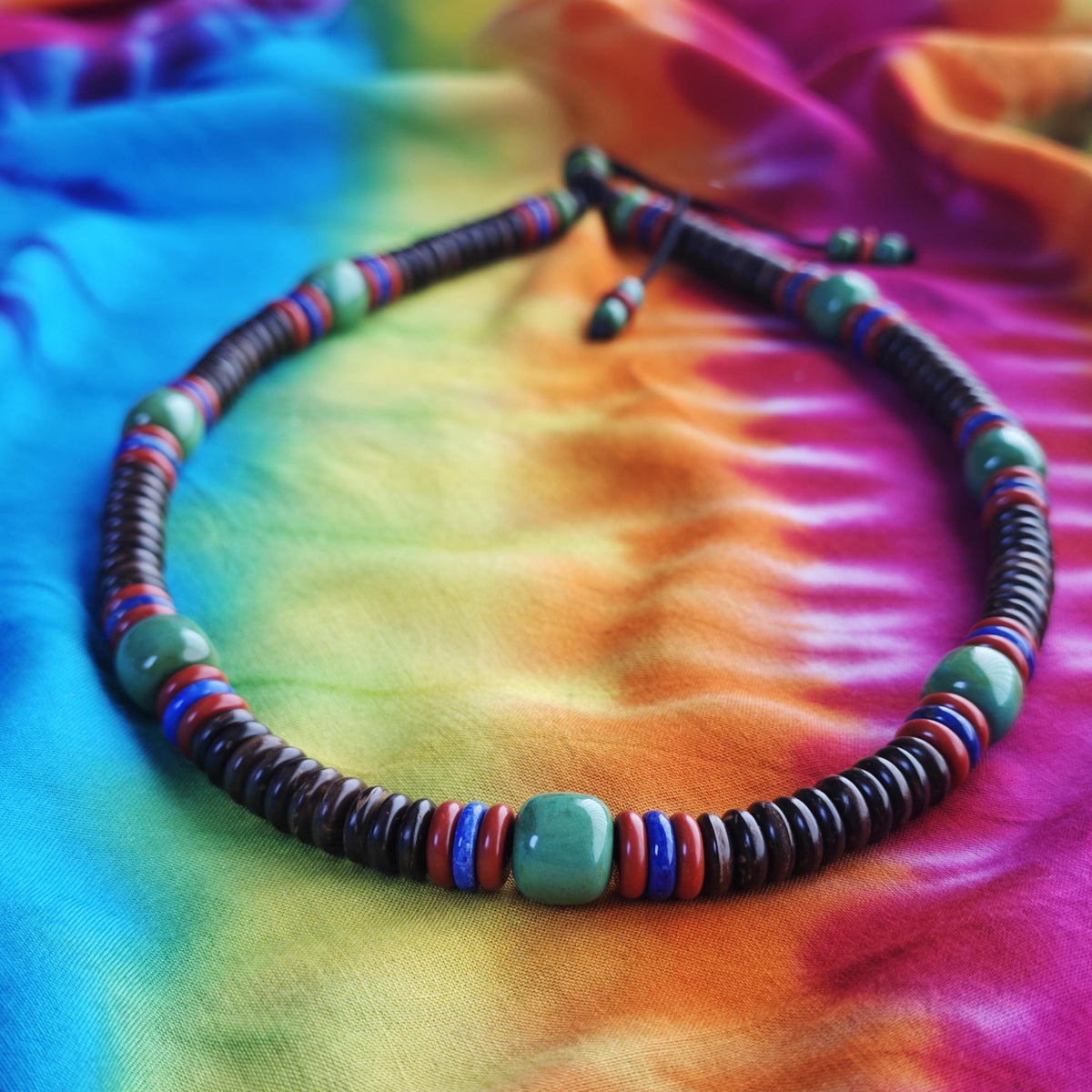 Turquoise & Lapis Lazuli Beaded Necklace, Coconut Shell Surfer Necklace, Nan Hong Red Agate Boho Jewelry, Natural Gemstone Choker 53cm