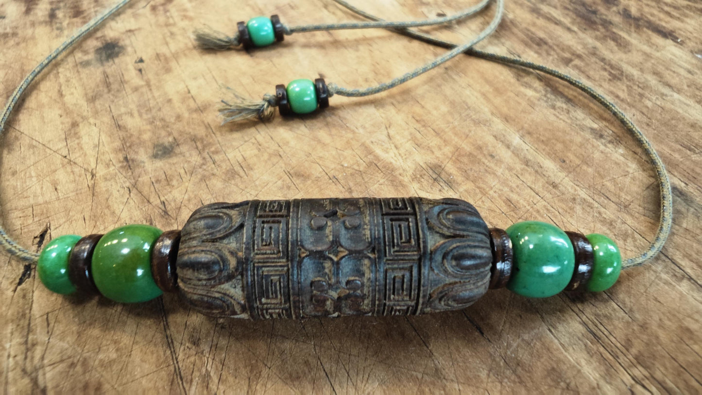 Hand Carved Hardwood Necklace, Large Carved Wood Bead Choker, Turquoise Tribal Boho Amulet, Adjustable Cord Pendant 40-70cm
