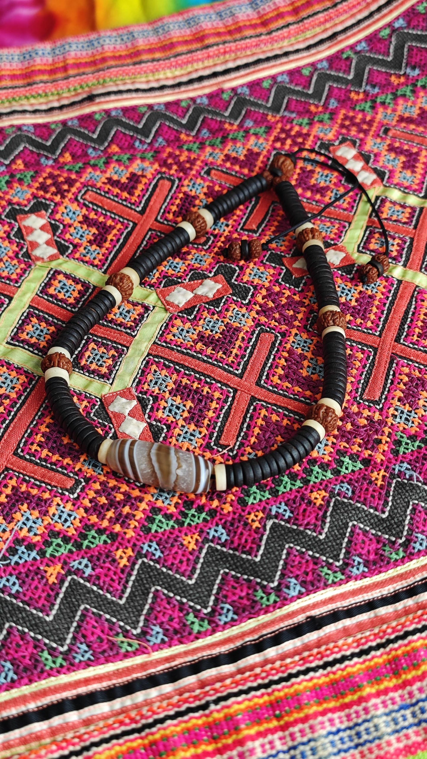 Natural Sardonyx Agate Bead Necklace, Rudraksha Mala Yak Bone Choker, Tribal Coconut Shell Amulet, Spiritual Protection, Adjustable 44-60cm