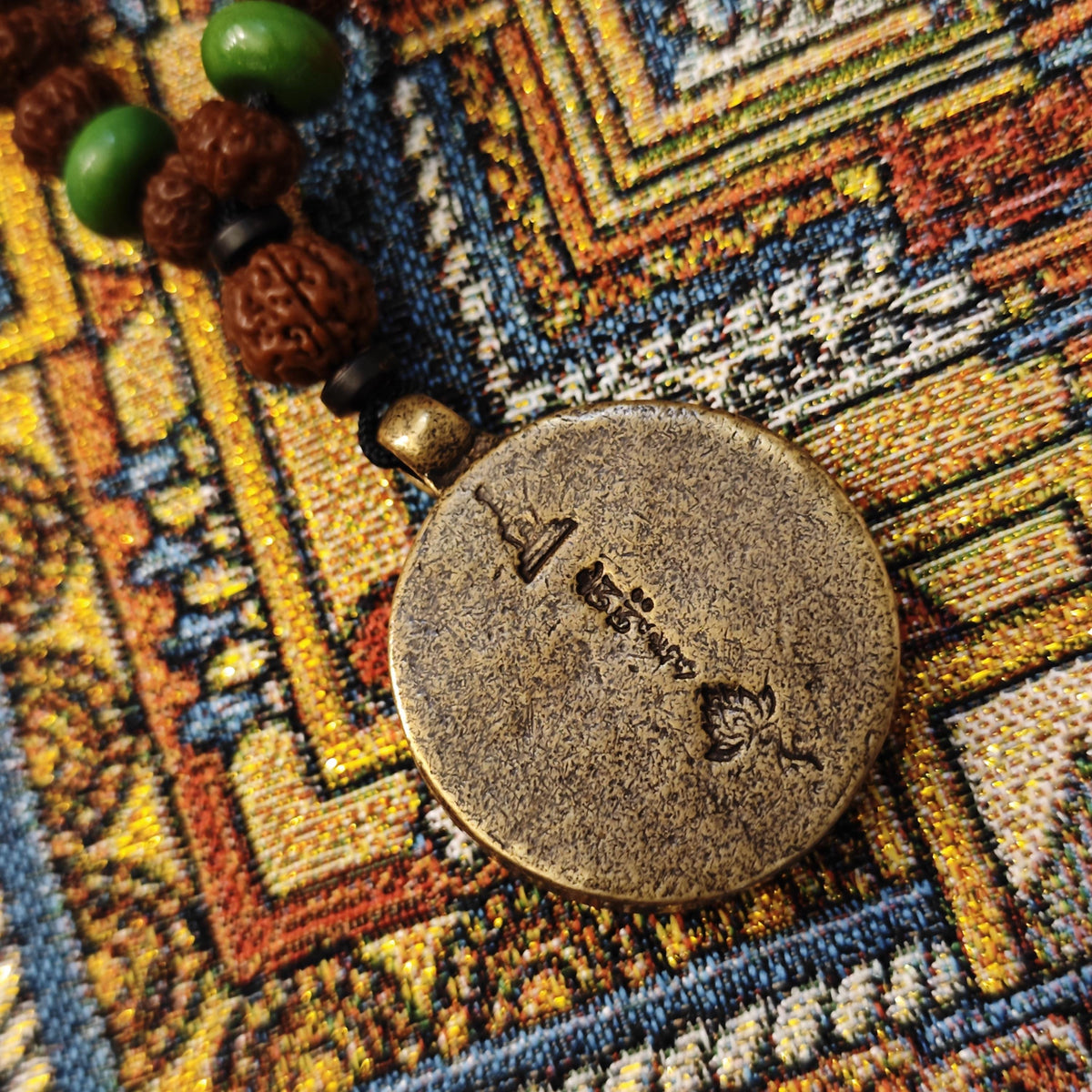 Vintage Tibetan Dzi Bead Necklace, Brass Amulet Pendant, Long Tribal Mala 80cm, Yak Bone & Turquoise Boho Jewelry, Spiritual Yoga Gift