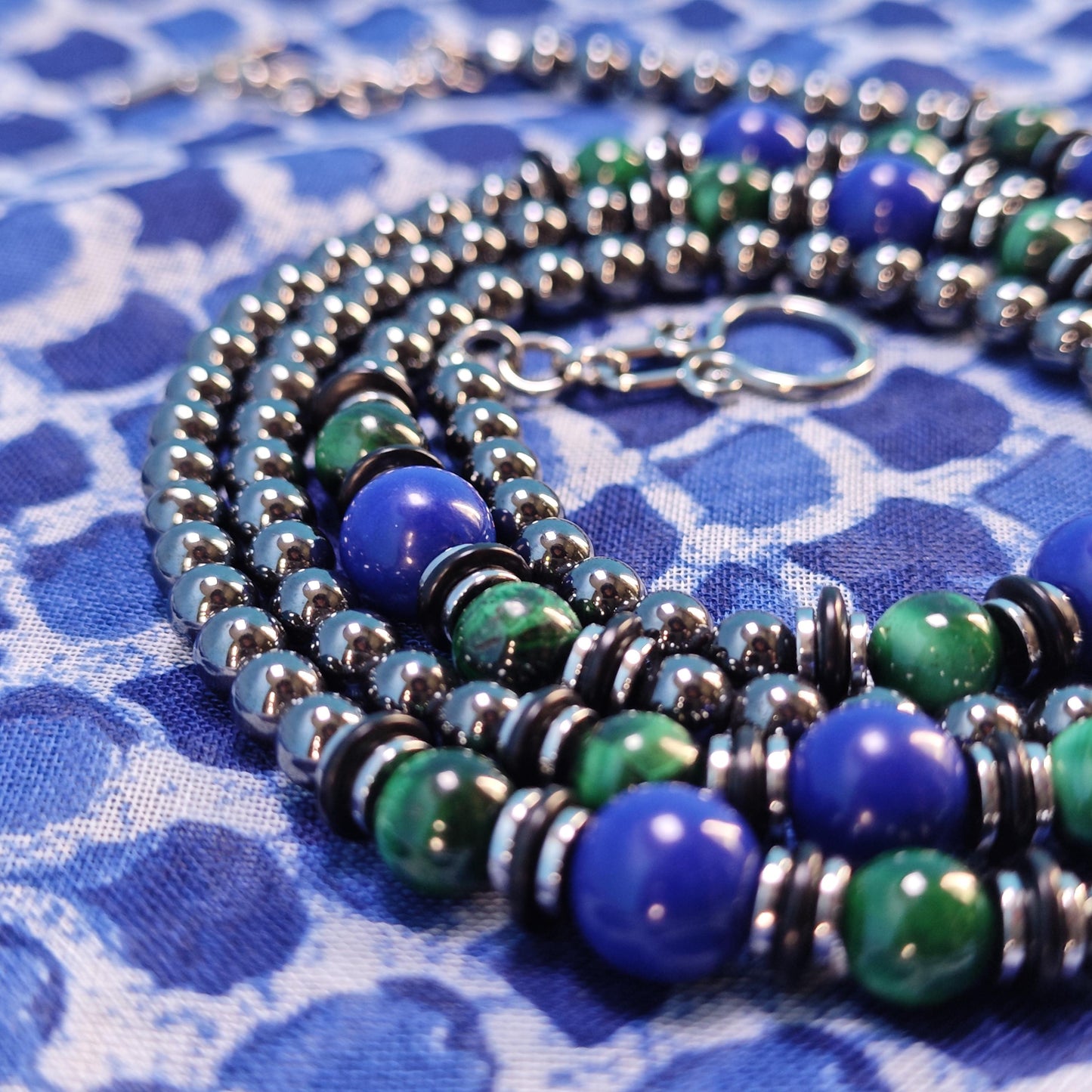 Malachite Lapis Lazuli Hematite Beaded Necklace, Ethnic Boho Double Layer Jewelry