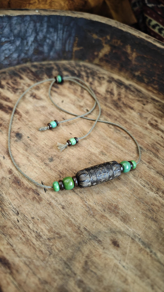 Hand Carved Hardwood Necklace, Large Carved Wood Bead Choker, Turquoise Tribal Boho Amulet, Adjustable Cord Pendant 40-70cm