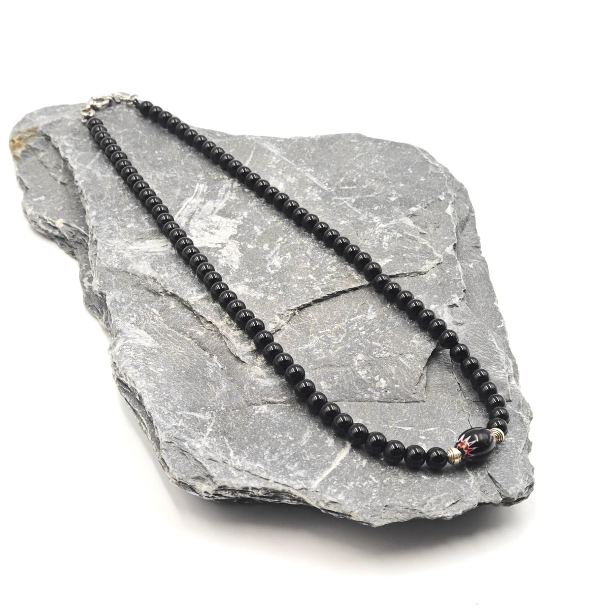 Black Onyx African Trade Bead Necklace, 925 Silver, Ethnic Tribal Boho Statement