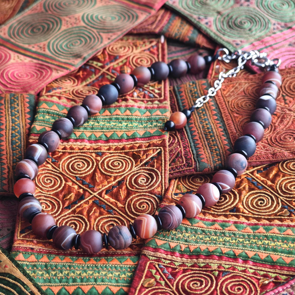 Handmade Matte Banded Agate Necklace with Coconut Spacers | Adjustable Ethnic Boho Jewelry