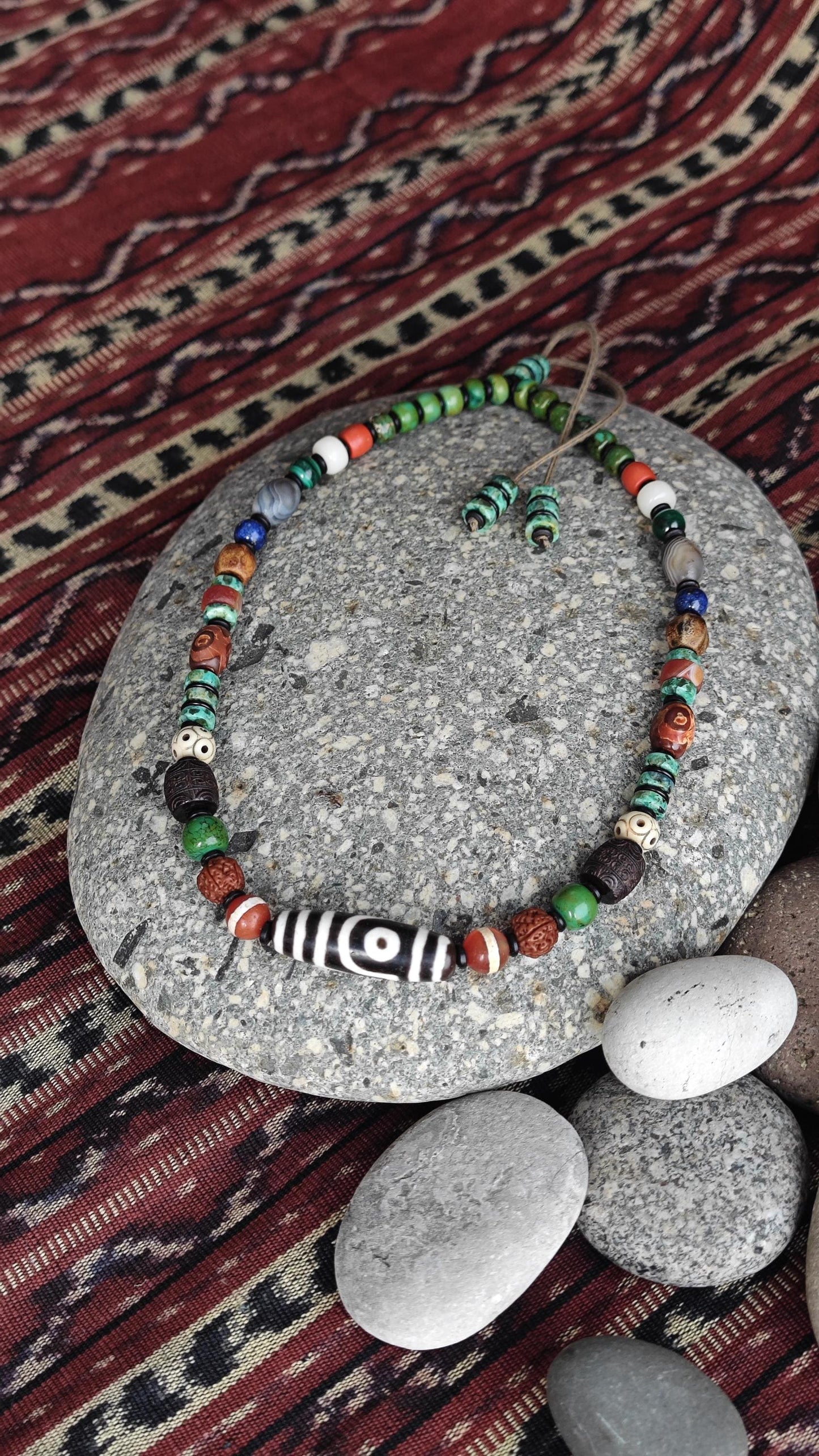 Vintage Tibetan Dzi Bead Multi Gemstone Necklace, Natural Turquoise Agate Rudraksha Mala, Ethnic Tribal Amulet Jewelry, Adjustable 47-62cm