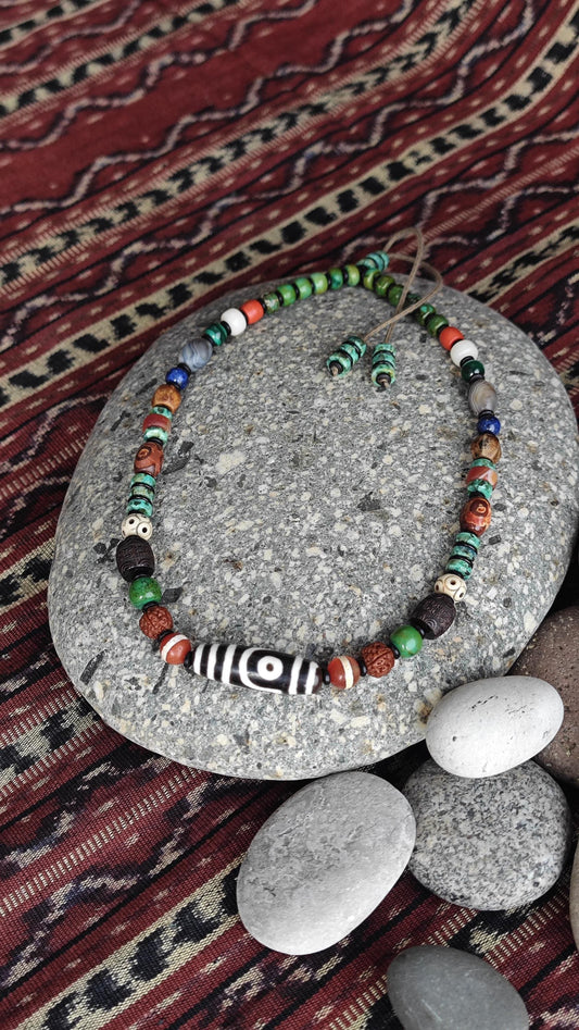 Vintage Tibetan Dzi Bead Multi Gemstone Necklace, Natural Turquoise Agate Rudraksha Mala, Ethnic Tribal Amulet Jewelry, Adjustable 47-62cm