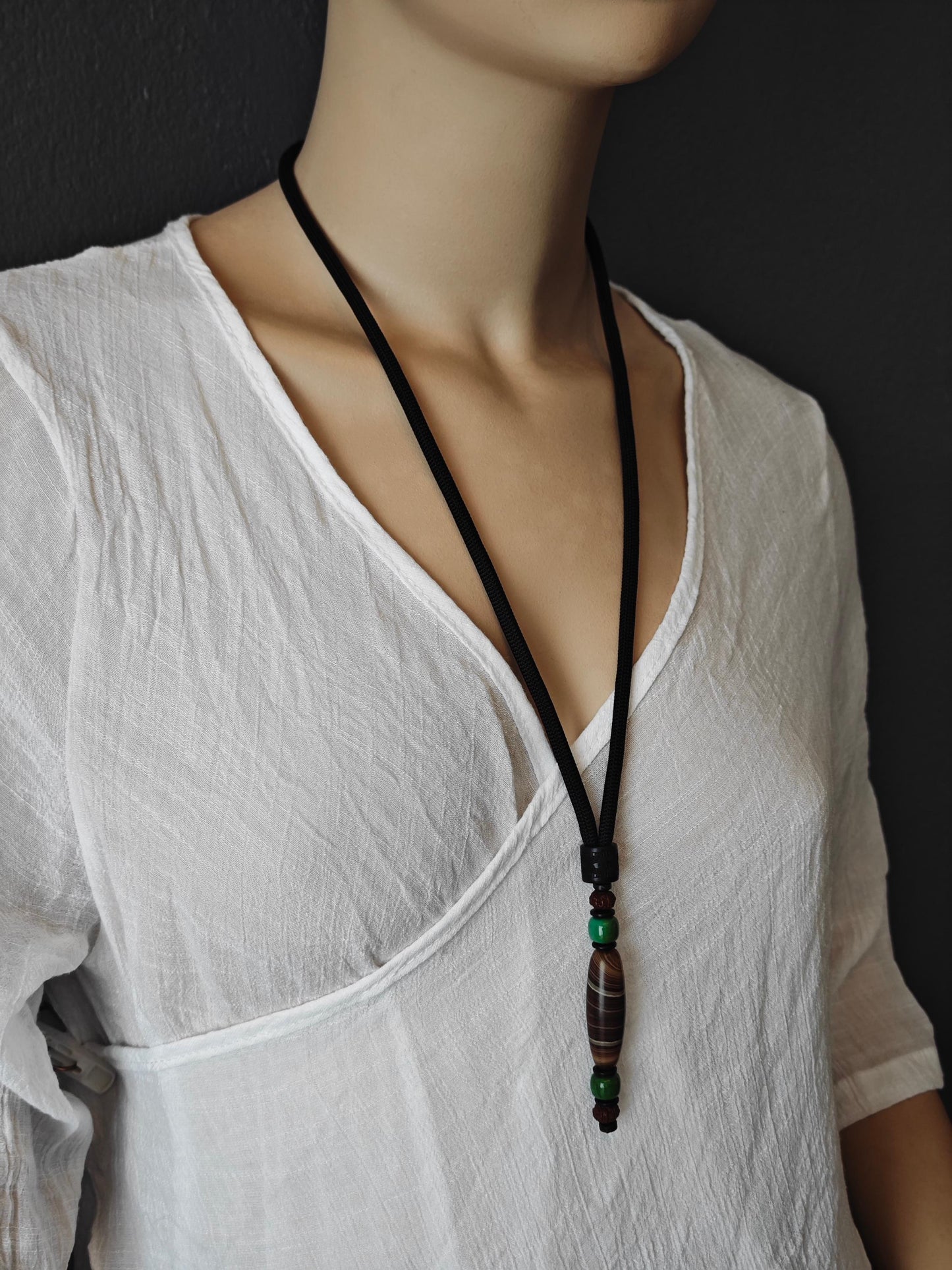 Tibetan Dzi Bead Necklace, Turquoise, Rudraksha, Wood, Coconut Shell, Bohemian Jewelry