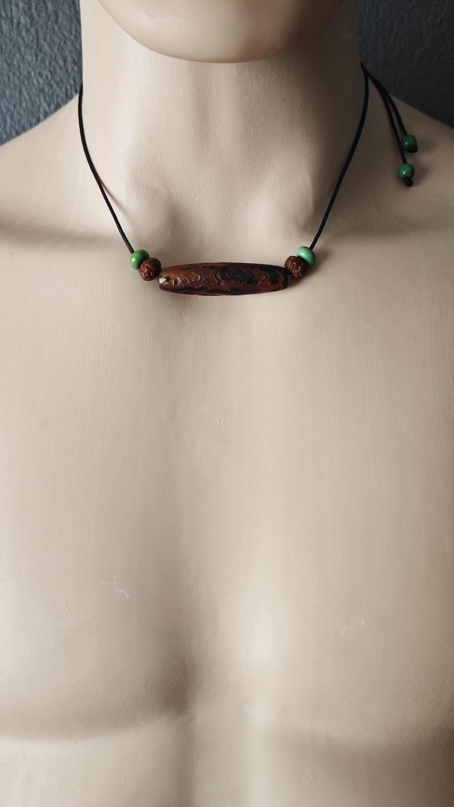 Tibetan Banded Agate Dzi Bead Necklace, Turquoise Rudraksha Mala Choker, Zen Tribal Boho Amulet, Adjustable Cord Pendant 40-70cm