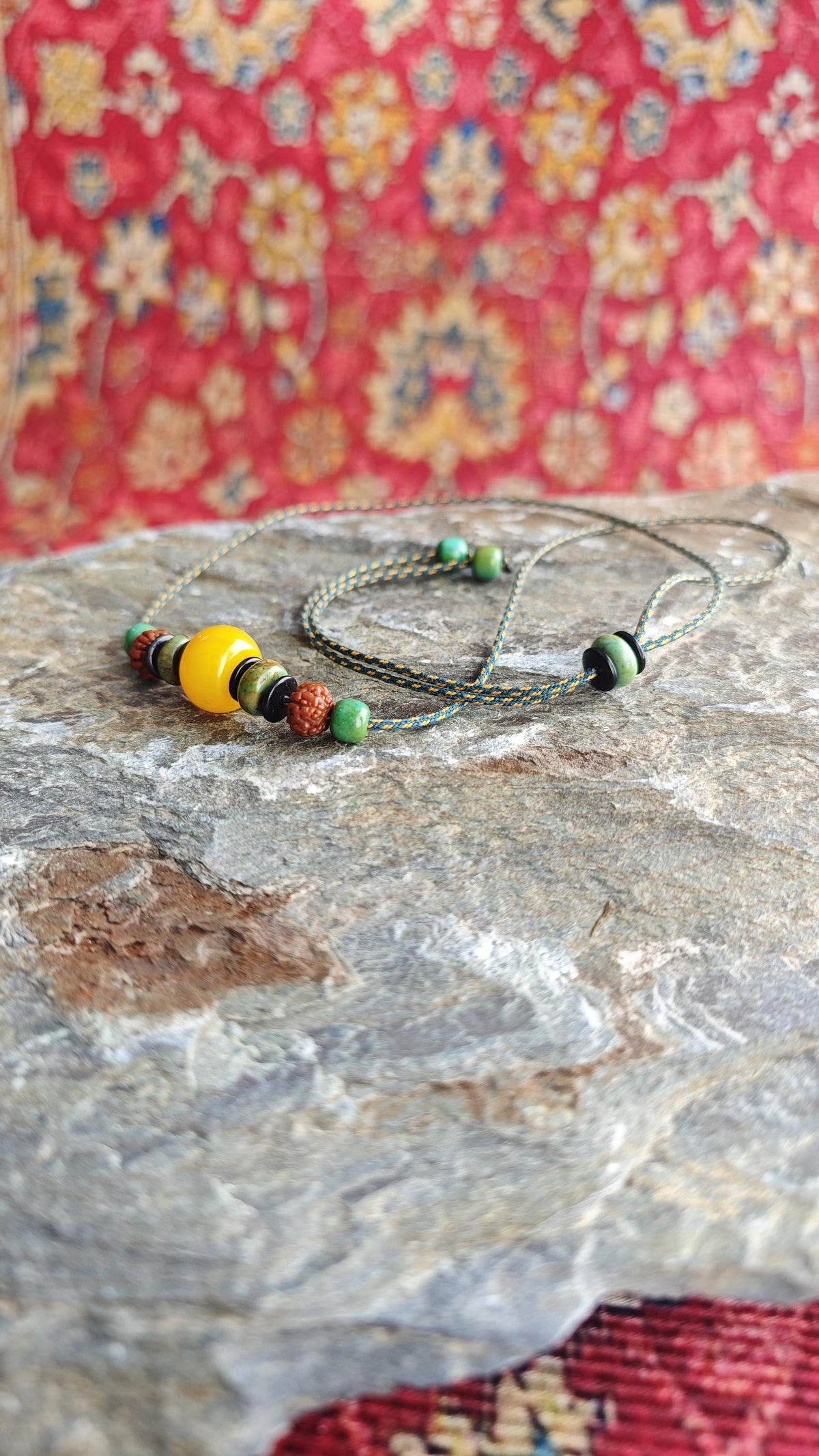 Natural Yellow Jade Focal Bead Necklace, Turquoise Rudraksha Mala Choker, Coconut Shell Ethnic Tribal Jewelry, Unisex Adjustable 42-70cm