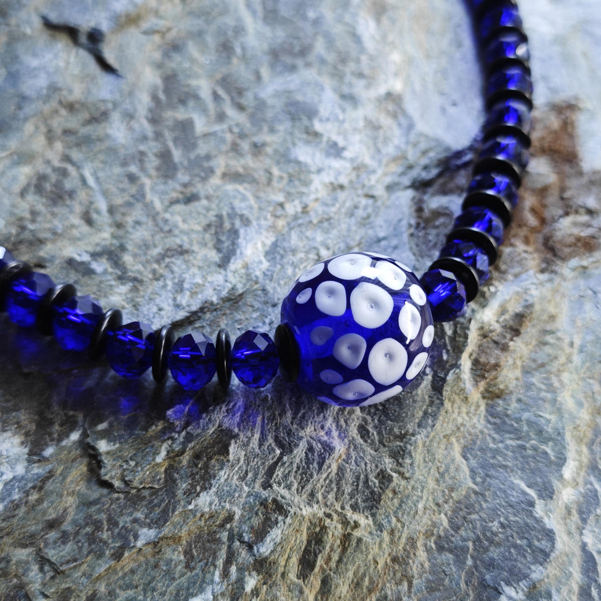 Handmade Chinese Liuli Bead Necklace with Blue Crystal & Coconut Spacers | Ethnic Bohemian Long Necklace