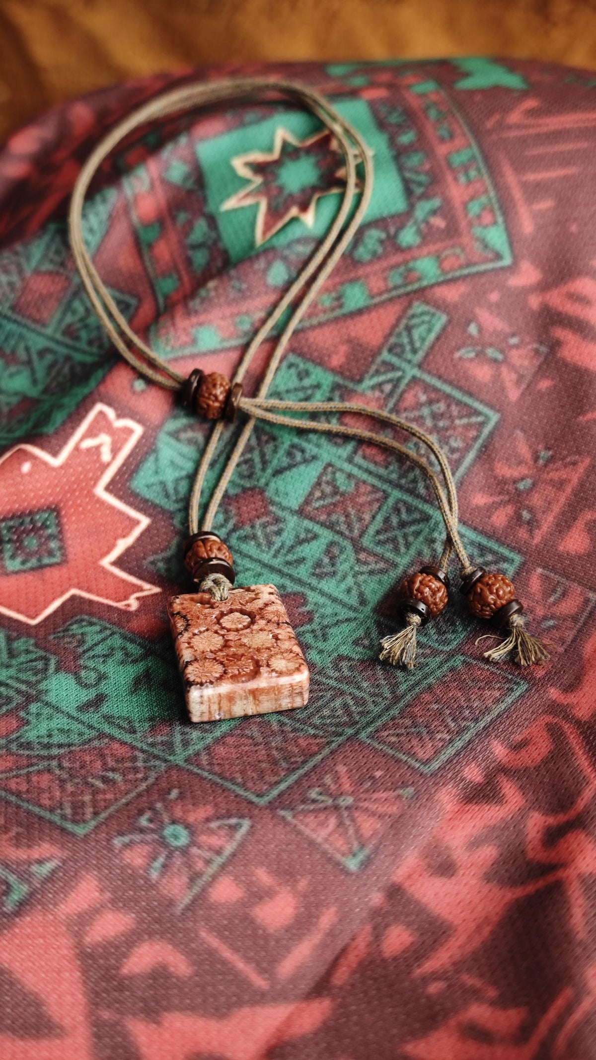 Coral Fossil Pendant Necklace, Rudraksha Mala, Coconut Disc, Tribal Choker (Adjustable 40-60cm)