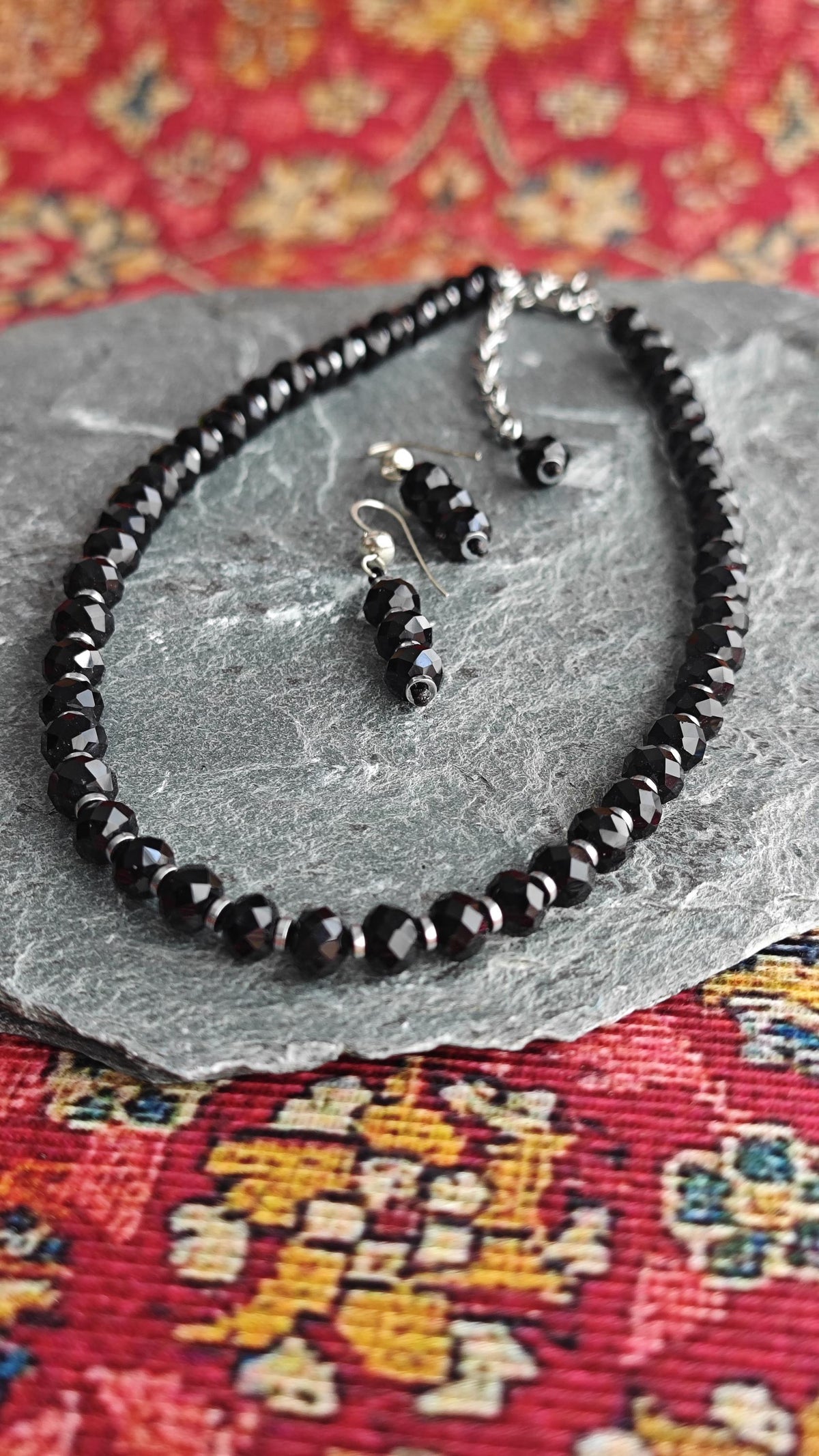 Jet Black Liuli Beaded Necklace Earring Set, Hematite Spacer, 925 Sterling Silver Hook, Gothic Elegant Glass Jewelry Set, 42-50cm