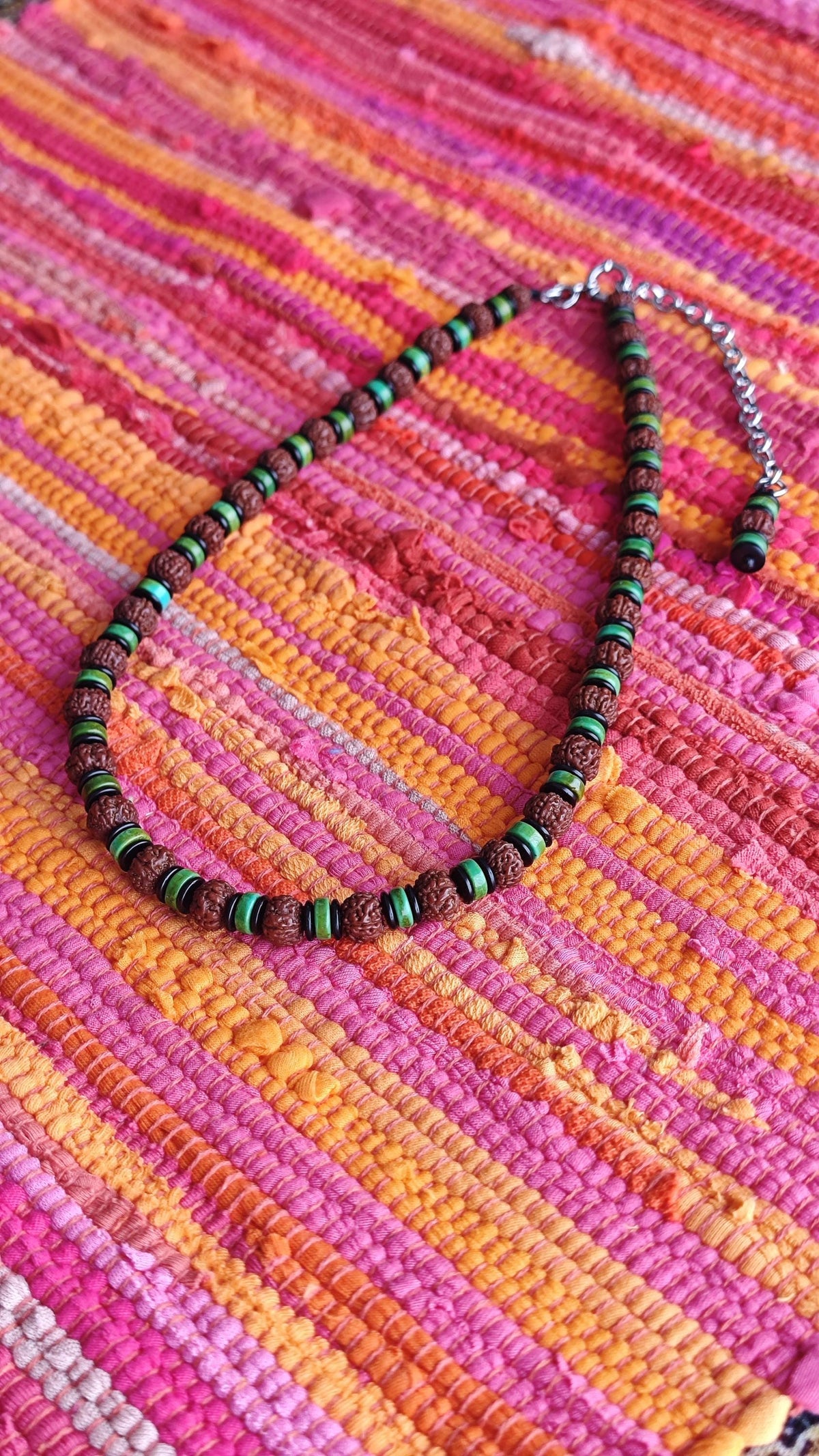 Natural Rudraksha Mala Bead Necklace, Turquoise Coconut Shell Disc, Ethnic Tribal Surfer Jewelry for Men Women, Stainless Steel 53-63cm