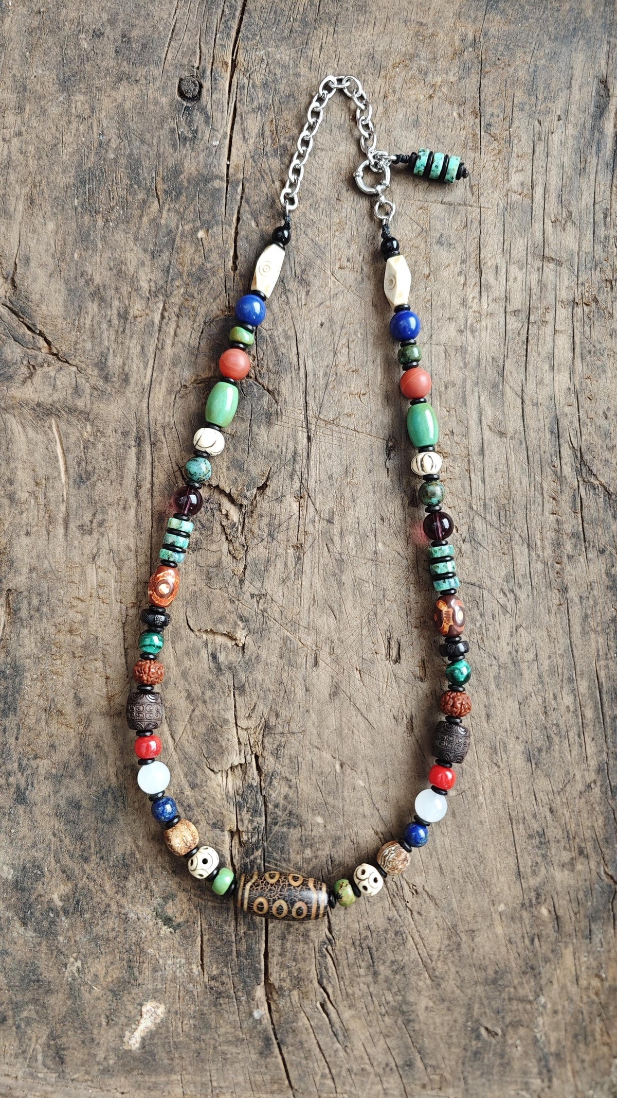 Vintage 3-Eye Dzi Bead Multi Gemstone Necklace, Turquoise Lapis Lazuli Mala, Boho Yoga Amulet