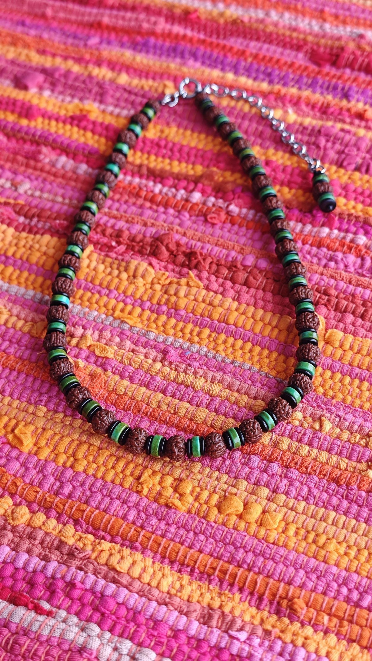 Natural Rudraksha Mala Bead Necklace, Turquoise Coconut Shell Disc, Ethnic Tribal Surfer Jewelry for Men Women, Stainless Steel 53-63cm