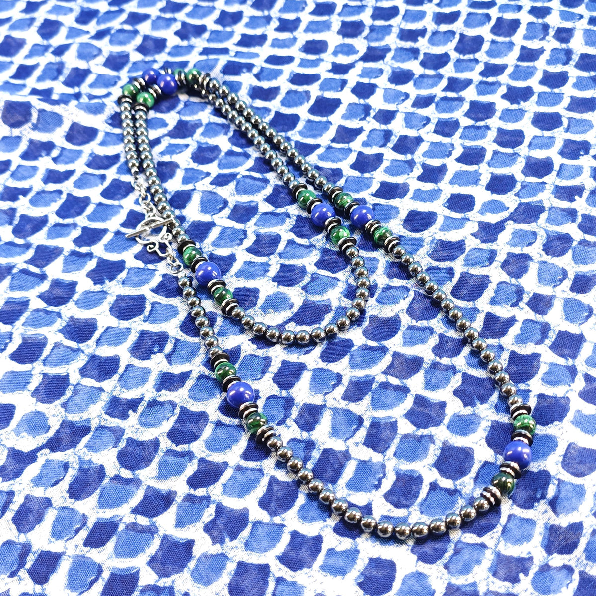 Malachite Lapis Lazuli Hematite Beaded Necklace, Ethnic Boho Double Layer Jewelry