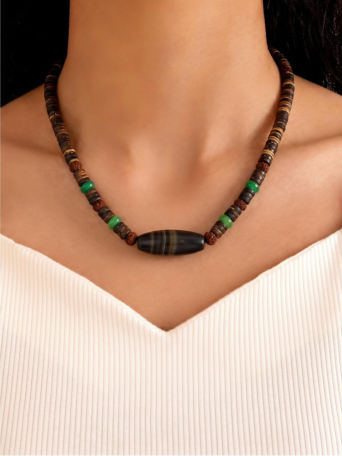 Tibetan Dzi Bead Necklace, Turquoise, Rudraksha, Coconut Shell, Ethnic Boho Jewelry