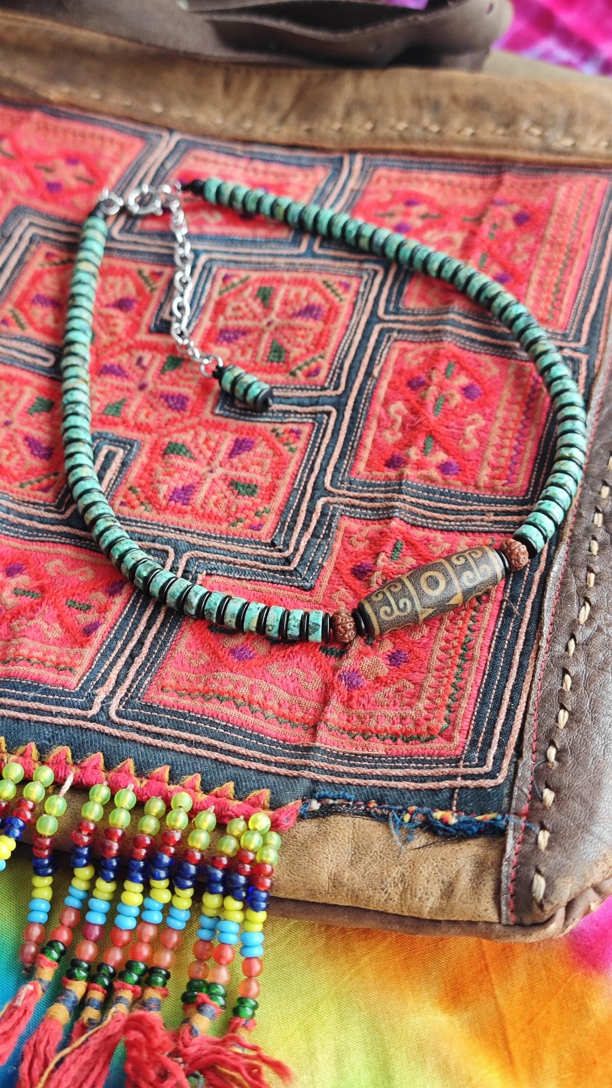 Vintage Tibetan Dzi Bead Turquoise Choker, Rudraksha Mala, Coconut Shell, Tribal Amulet Necklace