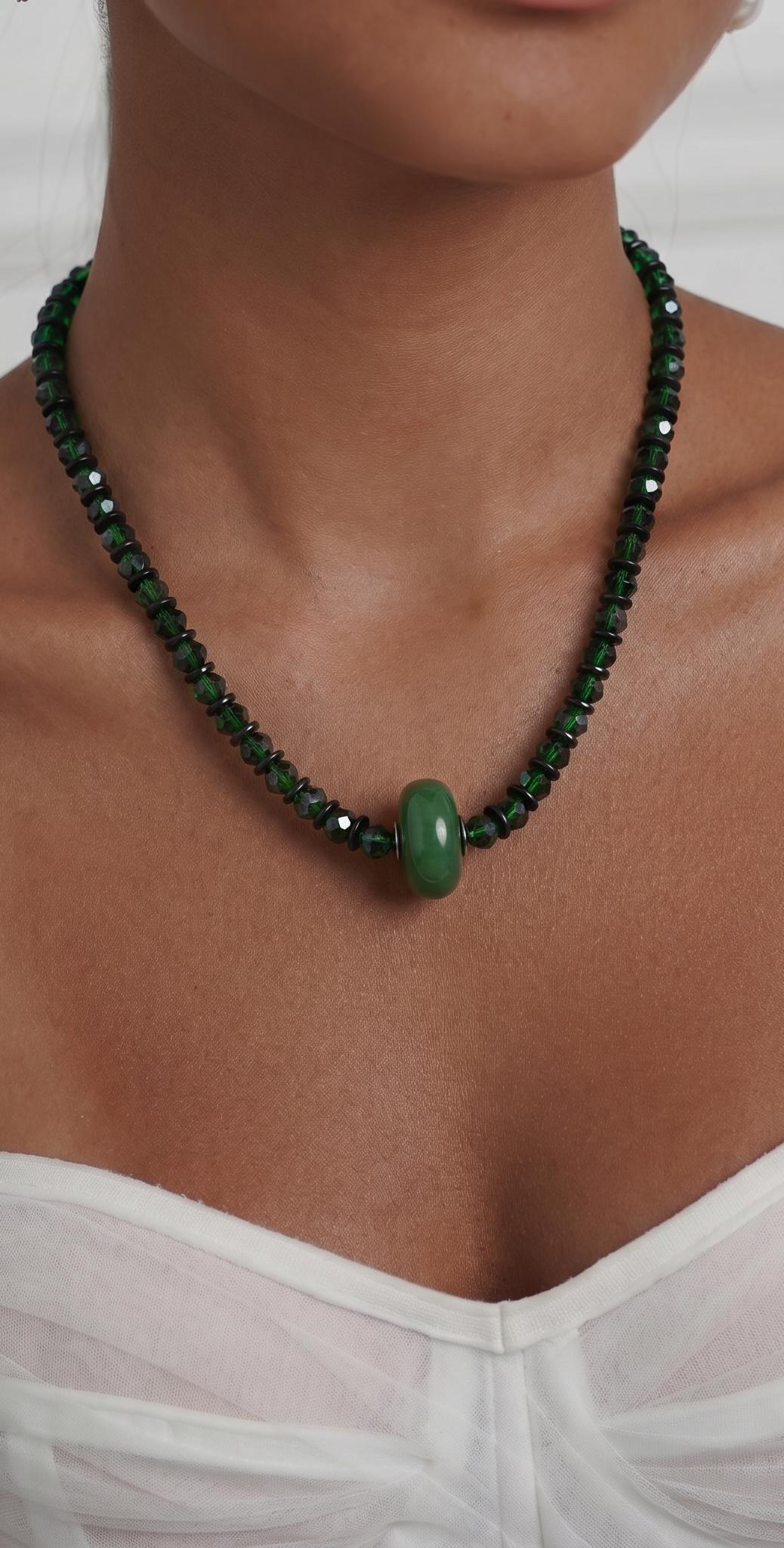 Green Jade Pendant Necklace, Emerald Green Liuli Beaded Choker, Coconut Shell Spacer Boho Jewelry, Stainless Toggle Clasp Necklace 56cm