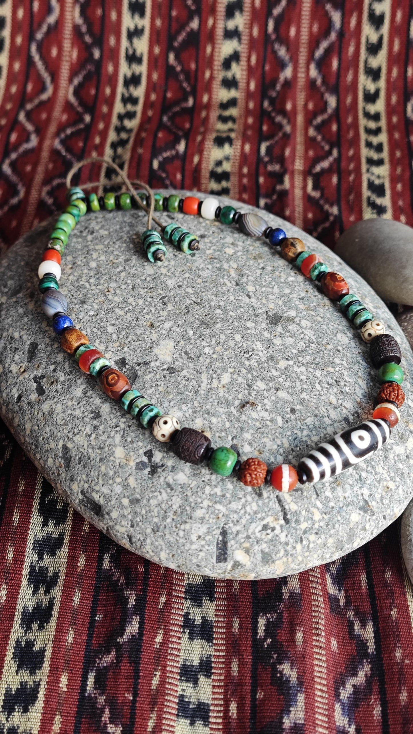 Vintage Tibetan Dzi Bead Multi Gemstone Necklace, Natural Turquoise Agate Rudraksha Mala, Ethnic Tribal Amulet Jewelry, Adjustable 47-62cm