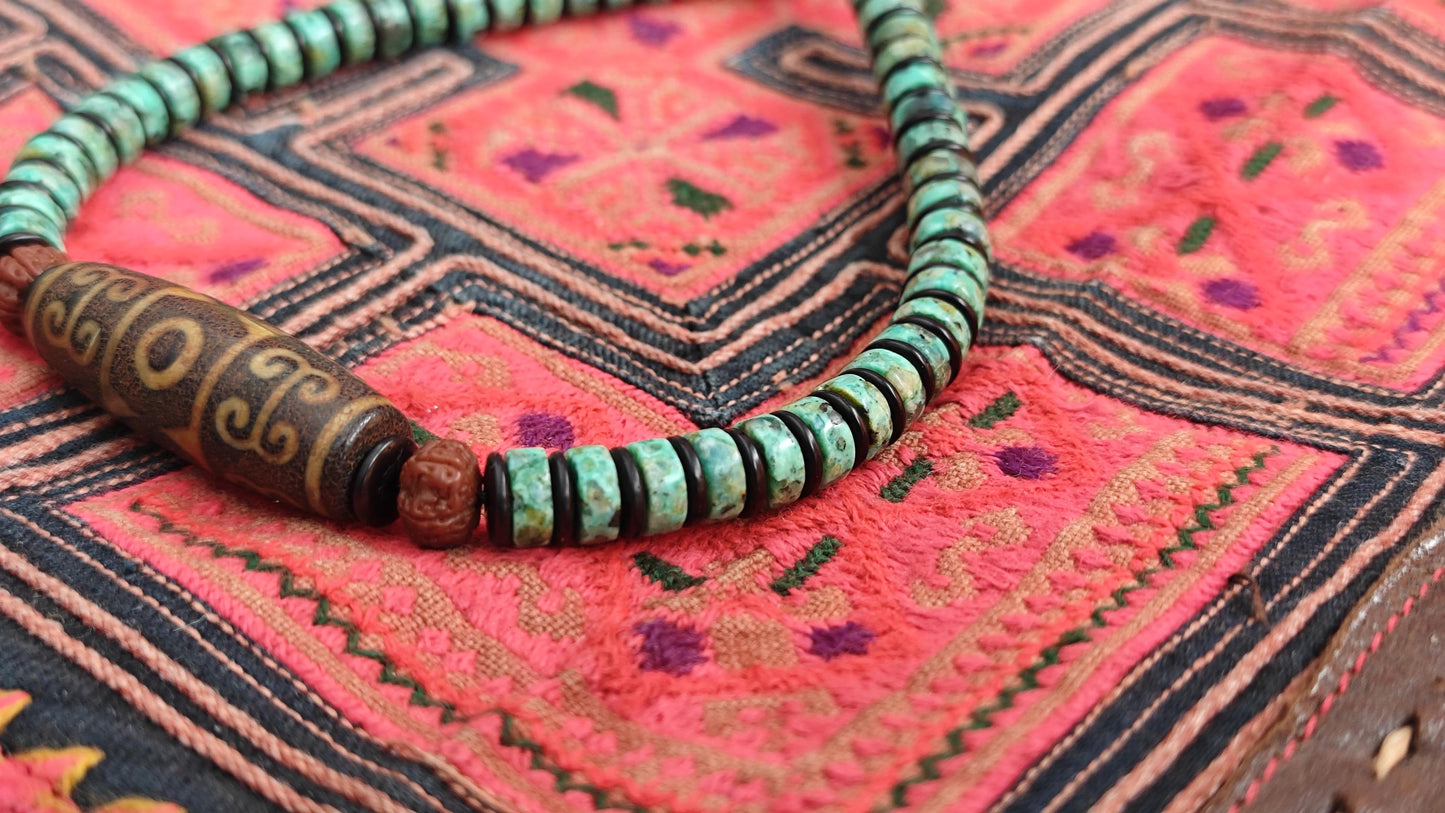 Vintage Tibetan Dzi Bead Turquoise Choker, Rudraksha Mala, Coconut Shell, Tribal Amulet Necklace