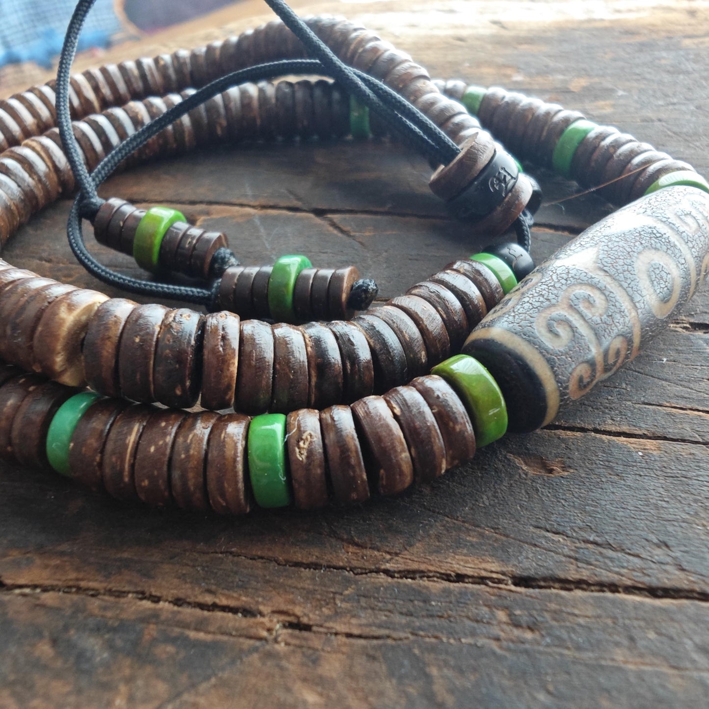 Vintage Tibetan Dzi Bead Necklace, Coconut Shell Heishi Choker, Turquoise Spacer Boho Jewelry, Tribal Mens Surfer Necklace 47cm