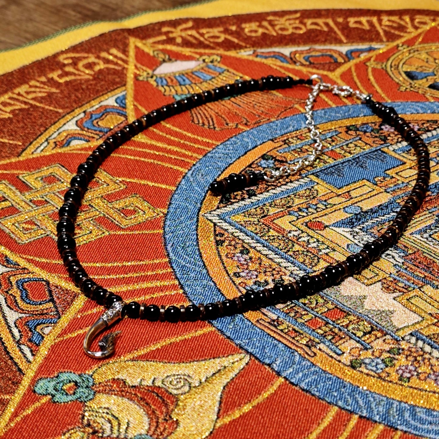 Black Onyx Agate Beaded Necklace, Thai Naga Hook Pendant, Ethnic Tribal Boho Chic Jewelry