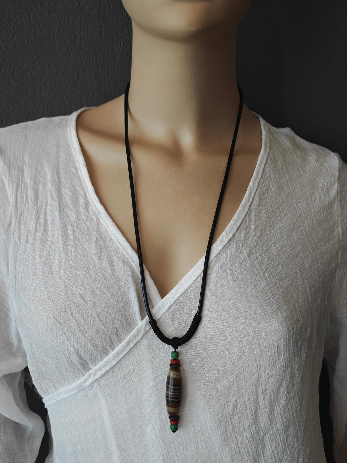 Handmade Sardonyx Agate Dzi Bead Necklace, Nan Hong Agate, Turquoise, Ethnic Bohemian Jewelry