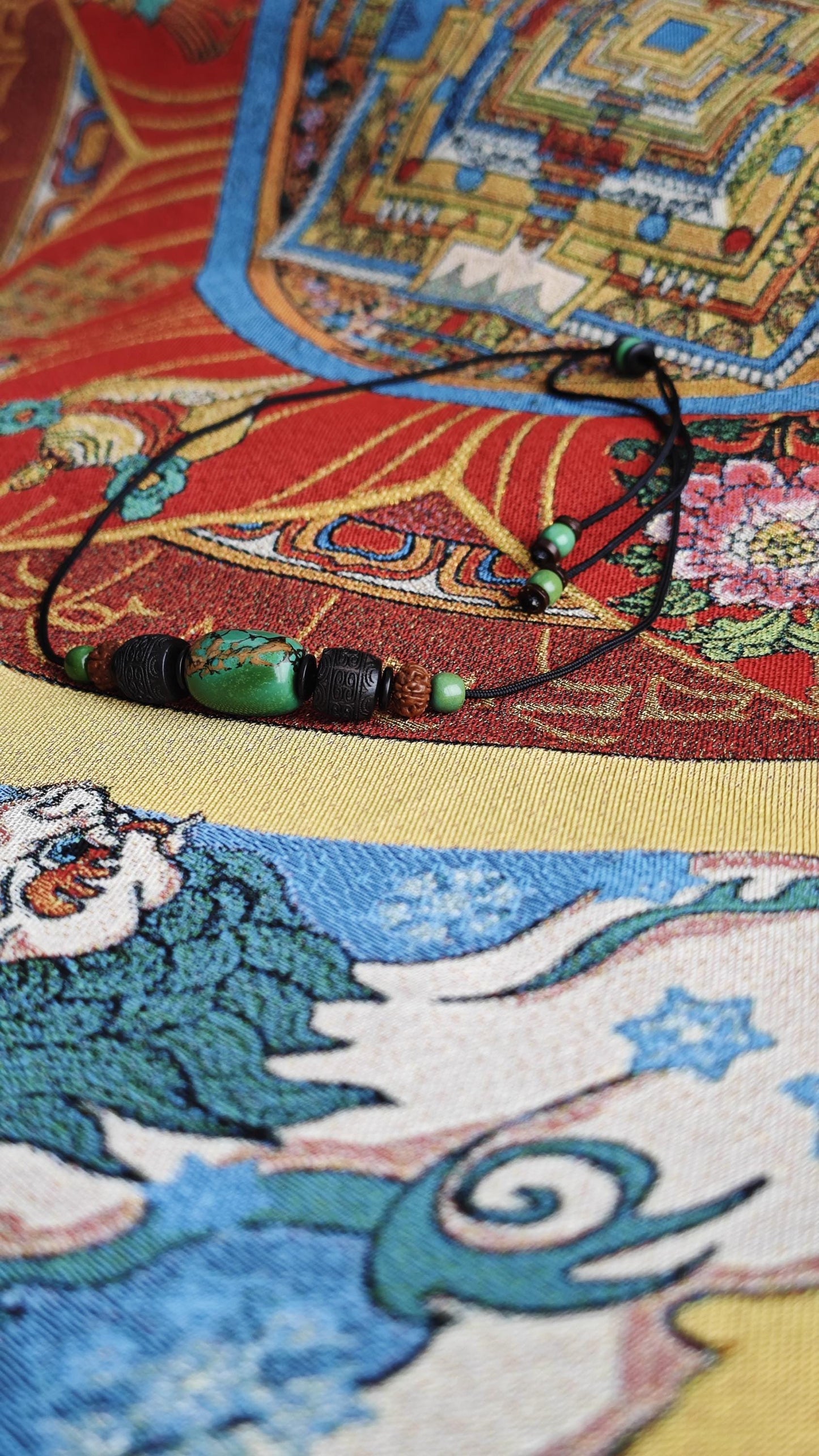 Genuine Turquoise Barrel Necklace, Hand Carved Hardwood Choker, Rudraksha Mala Beads, Tribal Boho Amulet 40-65cm