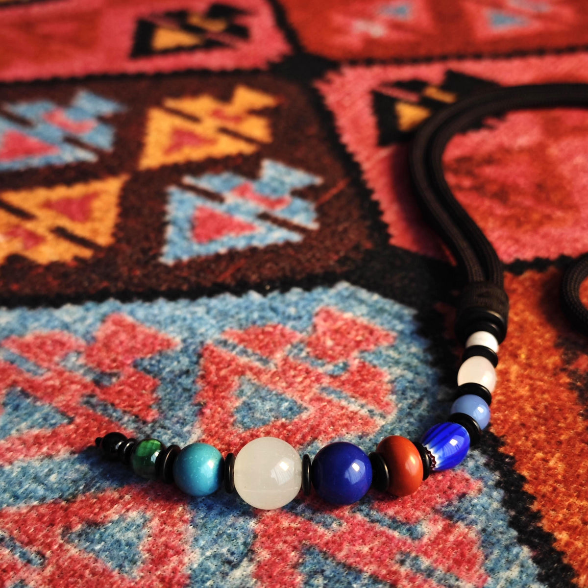 Multi-Gemstone Beaded Pendant Necklace, Mutton Fat White Jade, Lapis Lazuli, Turquoise, African Trade Bead, Long Boho Black Cord Necklace