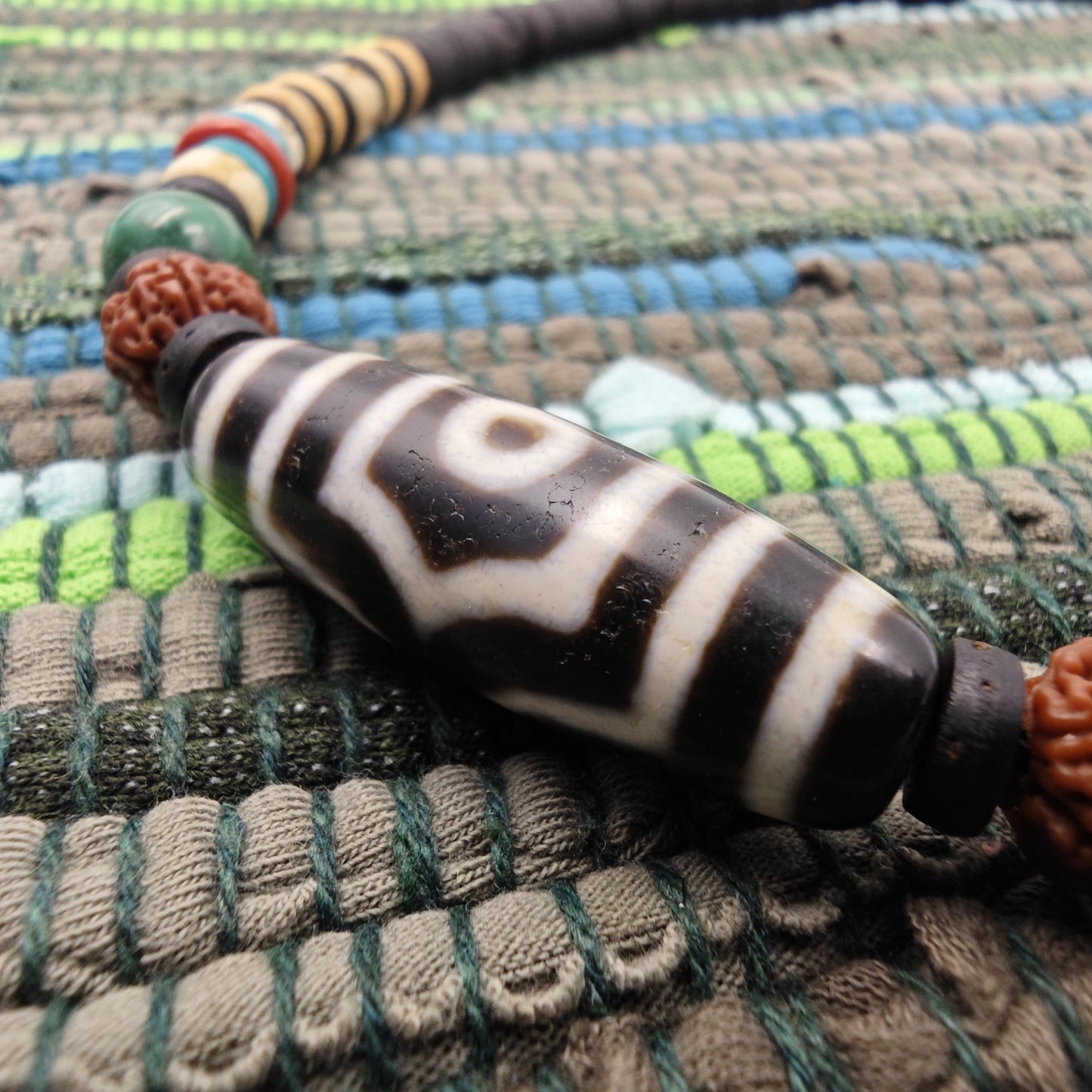 Tibetan Dzi Bead Necklace, Rudraksha Mala & Turquoise Boho Choker, Yak Bone Tribal Jewelry, Spiritual Meditation Surfer Necklace 50cm