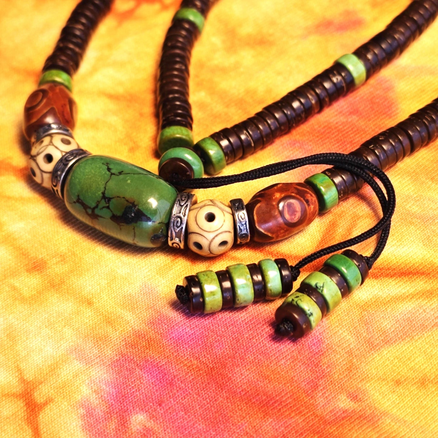 Handmade Turquoise Yak Bone Dzi Bead Necklace | Ethnic Tibetan Tribal Bohemian Jewelry