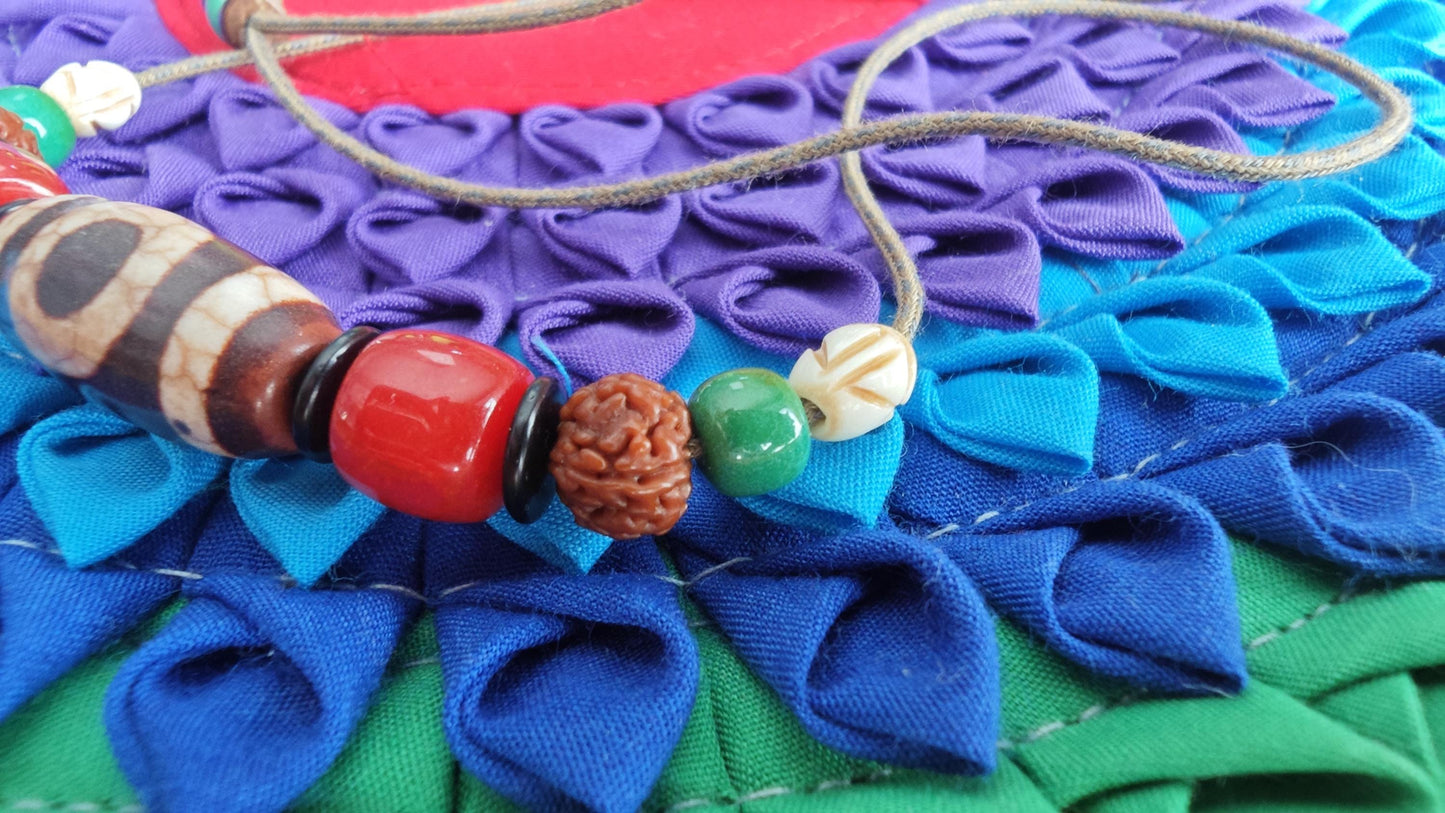 Vintage Tibetan Dzi Bead Necklace, Nan Hong Red Agate, Rudraksha, Yak Bone, Turquoise Amulet