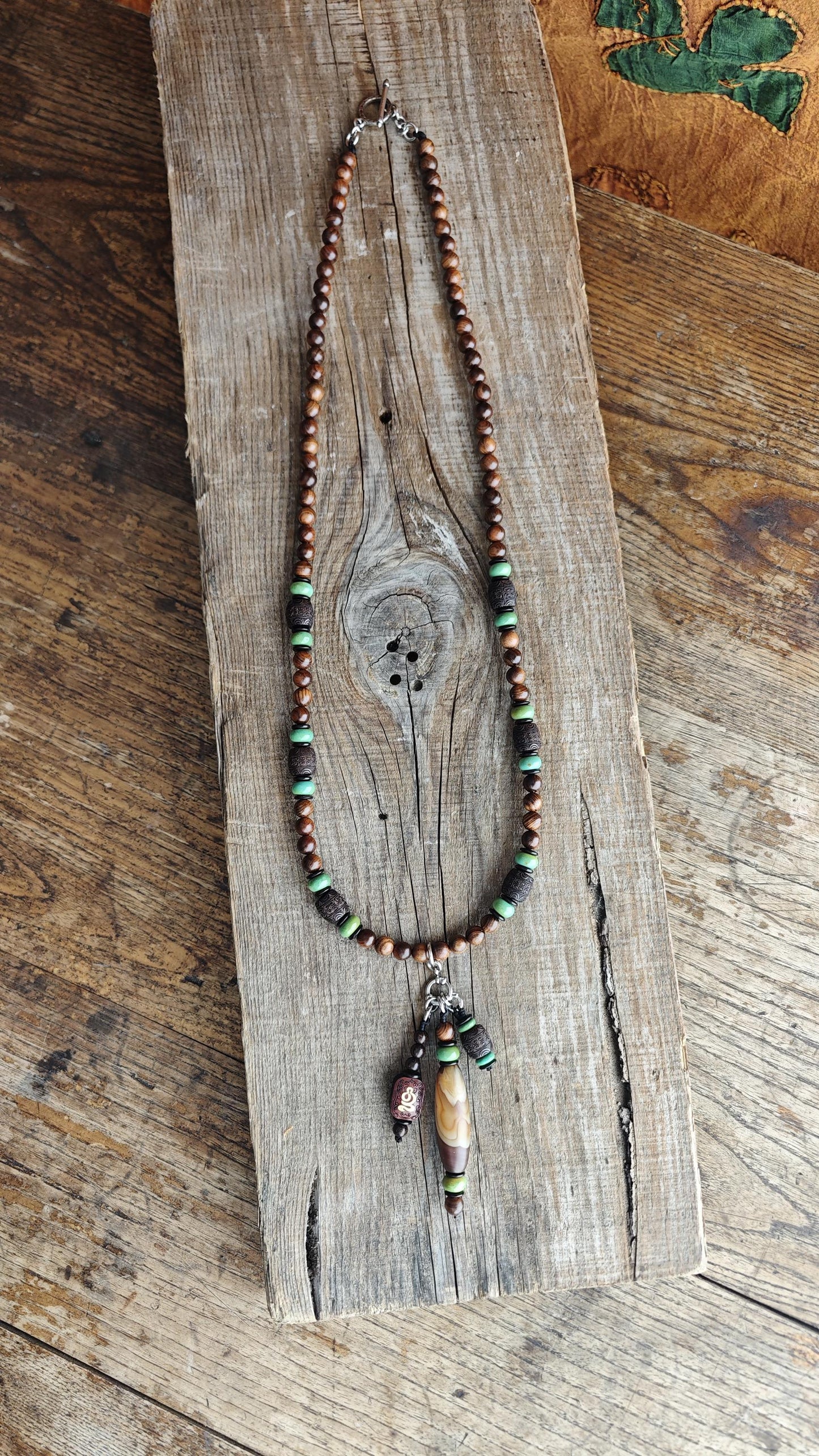 Vintage Tibetan Banded Agate Dzi Necklace, Hardwood Turquoise Mala Statement, Tribal Boho Amulet