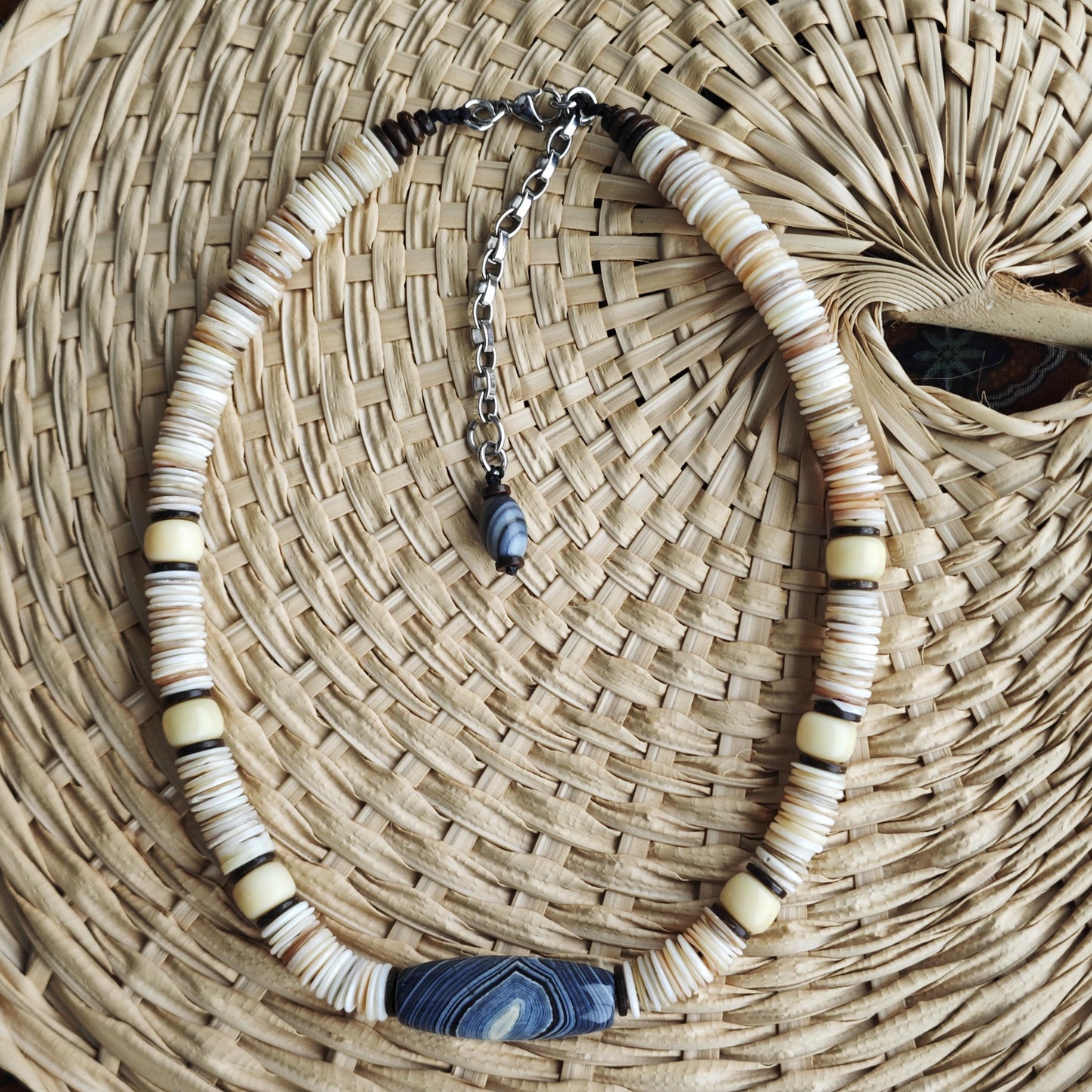 Banded Agate Statement Necklace, Natural Yak Bone Choker, Coconut Disc Beaded Chain, Tribal Boho Amulet, Adjustable Men Women Gift 52-64cm
