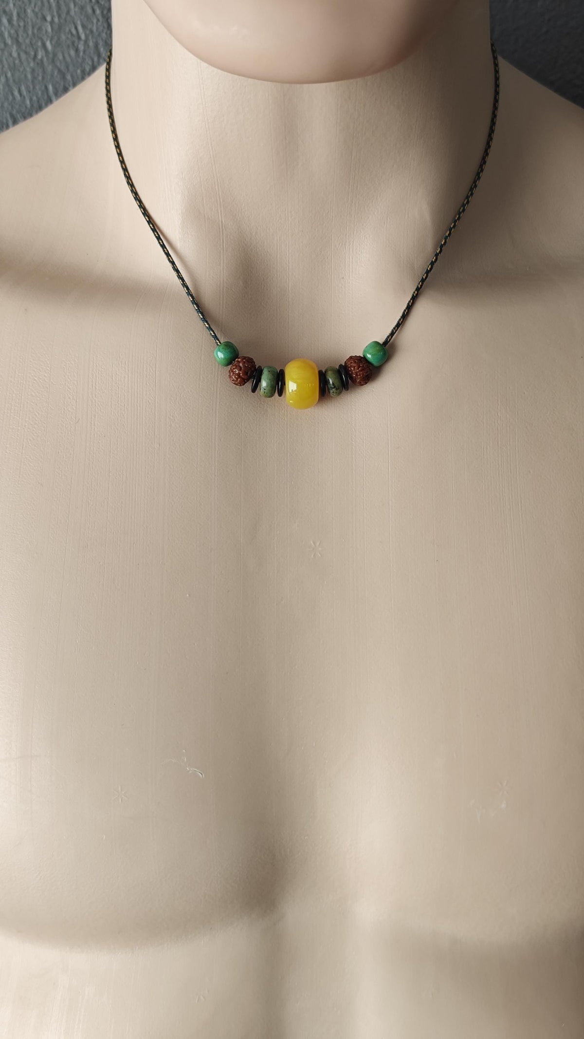 Natural Yellow Jade Focal Bead Necklace, Turquoise Rudraksha Mala Choker, Coconut Shell Ethnic Tribal Jewelry, Unisex Adjustable 42-70cm