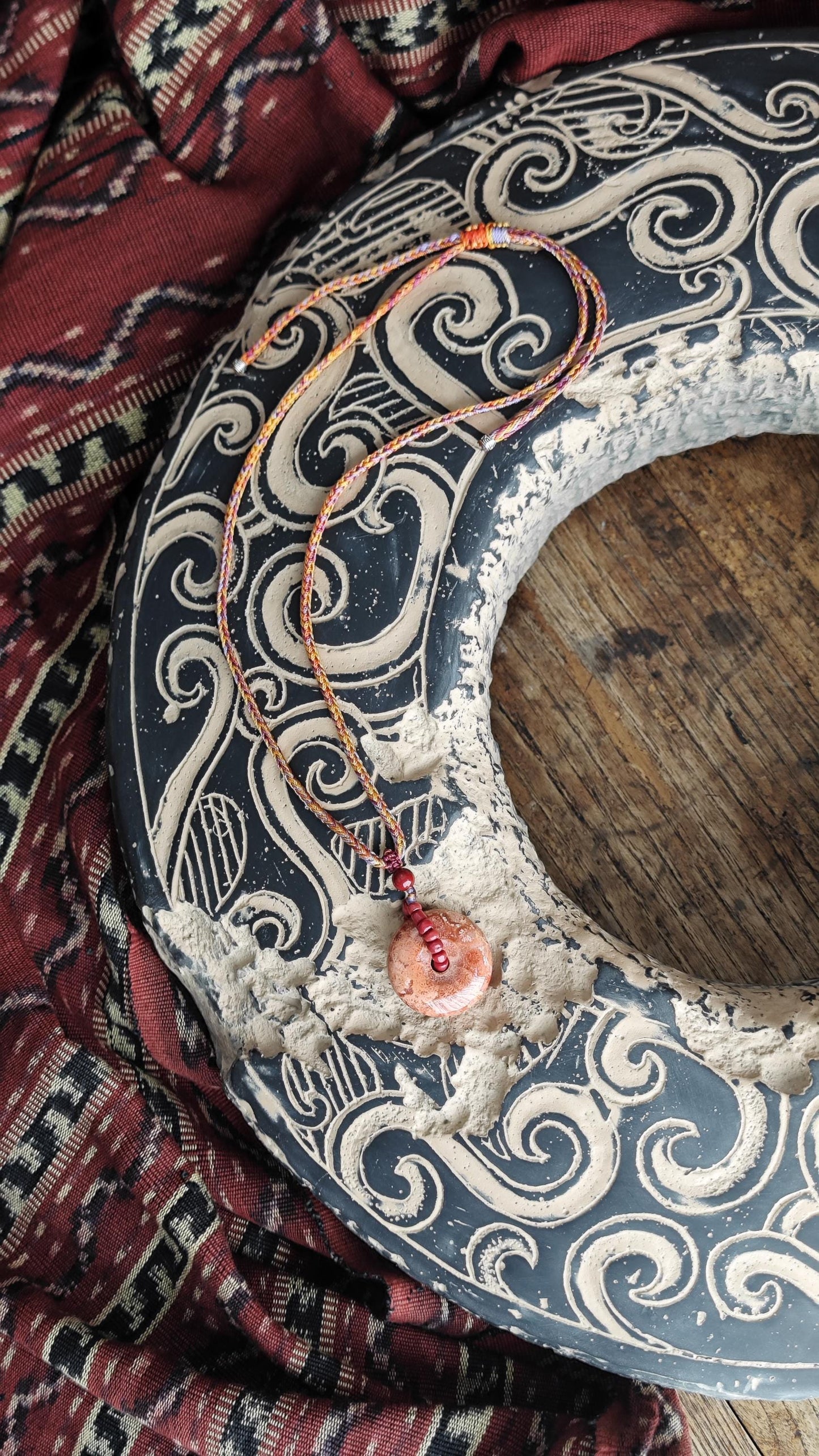 Fossil Coral Donut Pendant Necklace, Fossilized Coral Pi Disc, Tribal Boho Gemstone Amulet, Hand Braided Cord, Adjustable 40-60cm