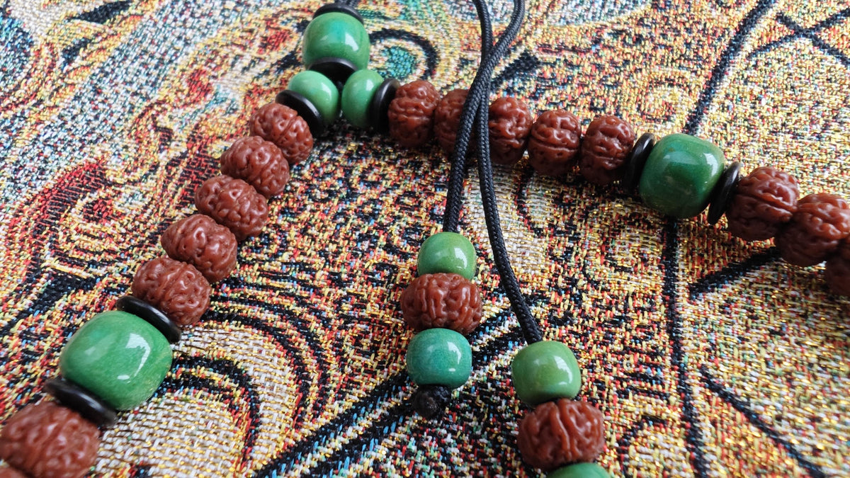 Vintage Tibetan Brass Pendant Necklace, Rudraksha Turquoise Boho Tribal Amulet