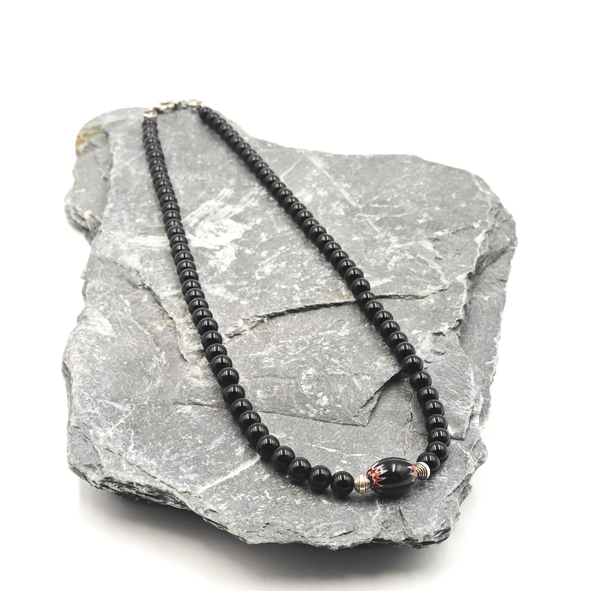 Black Onyx African Trade Bead Necklace, 925 Silver, Ethnic Tribal Boho Statement