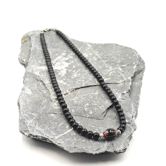 Black Onyx African Trade Bead Necklace, 925 Silver, Ethnic Tribal Boho Statement
