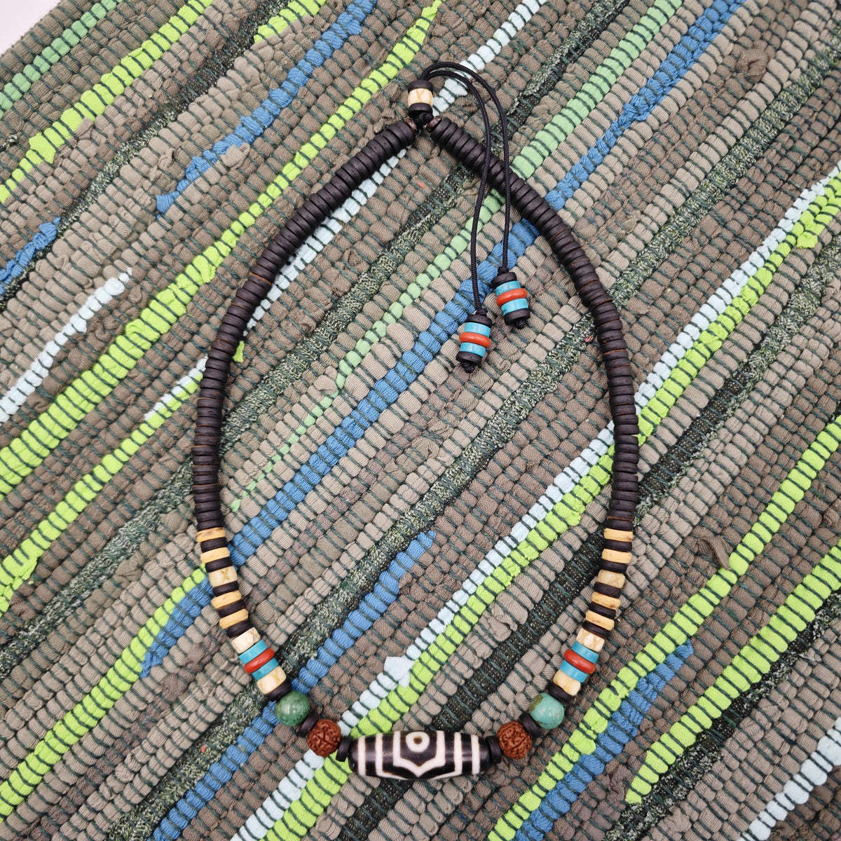 Tibetan Dzi Bead Necklace, Rudraksha Mala & Turquoise Boho Choker, Yak Bone Tribal Jewelry, Spiritual Meditation Surfer Necklace 50cm