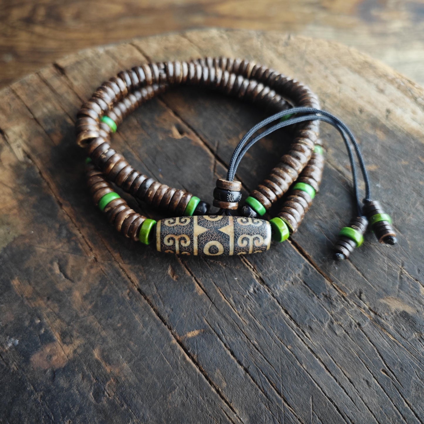 Vintage Tibetan Dzi Bead Necklace, Coconut Shell Heishi Choker, Turquoise Spacer Boho Jewelry, Tribal Mens Surfer Necklace 47cm