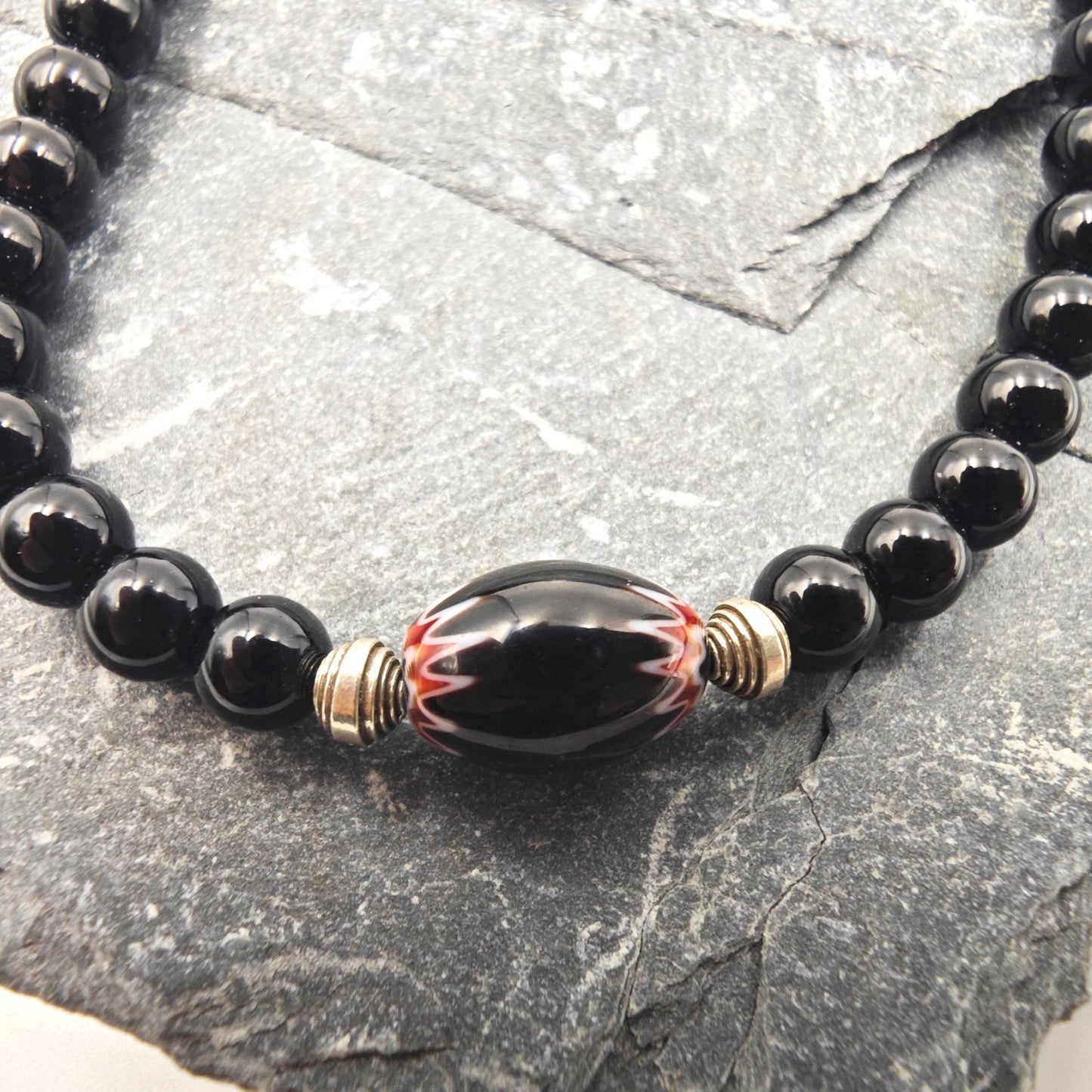 Black Onyx African Trade Bead Necklace, 925 Silver, Ethnic Tribal Boho Statement